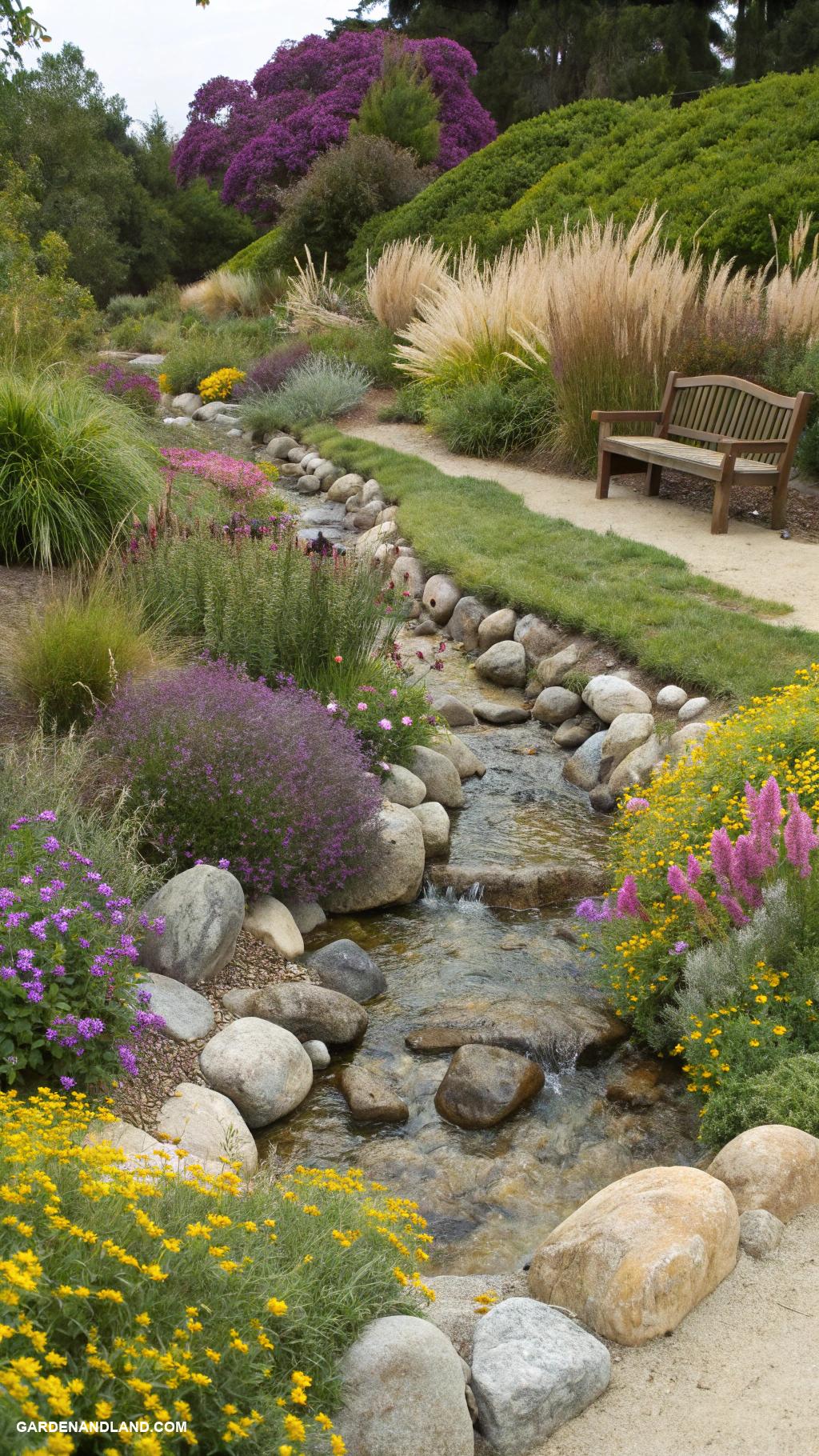 dry creek bed Create meandering paths with stones