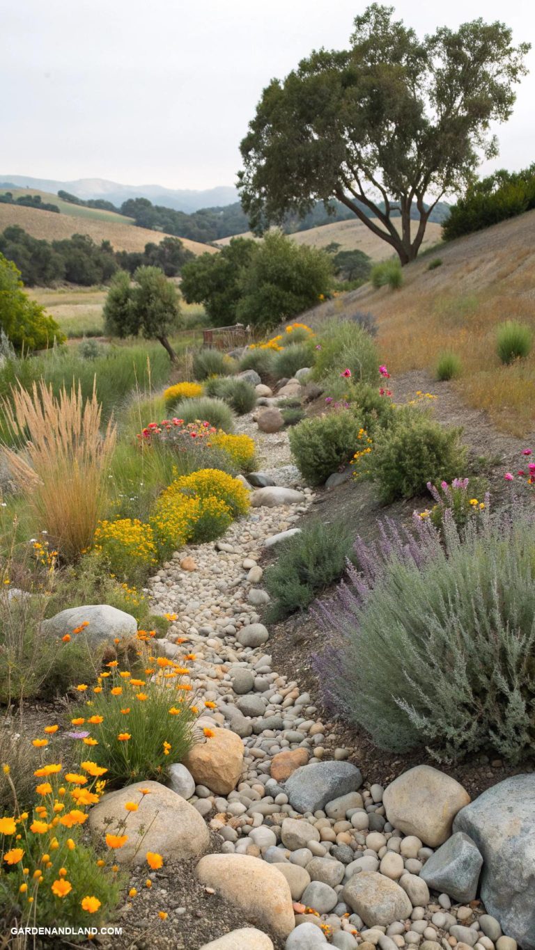 dry creek bed Incorporate native plants for biodiversity