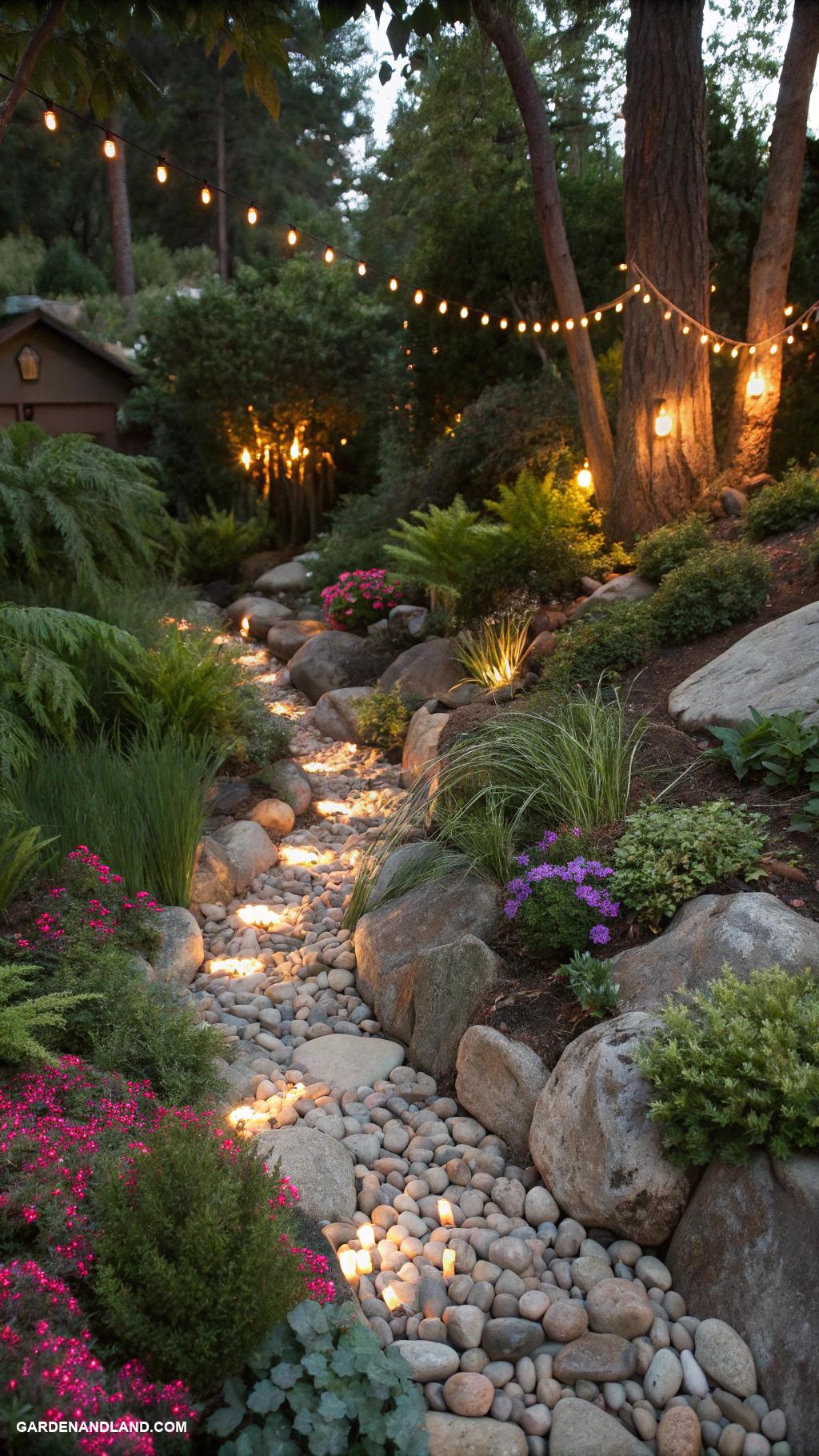 dry creek bed Install fairy lights for evening charm
