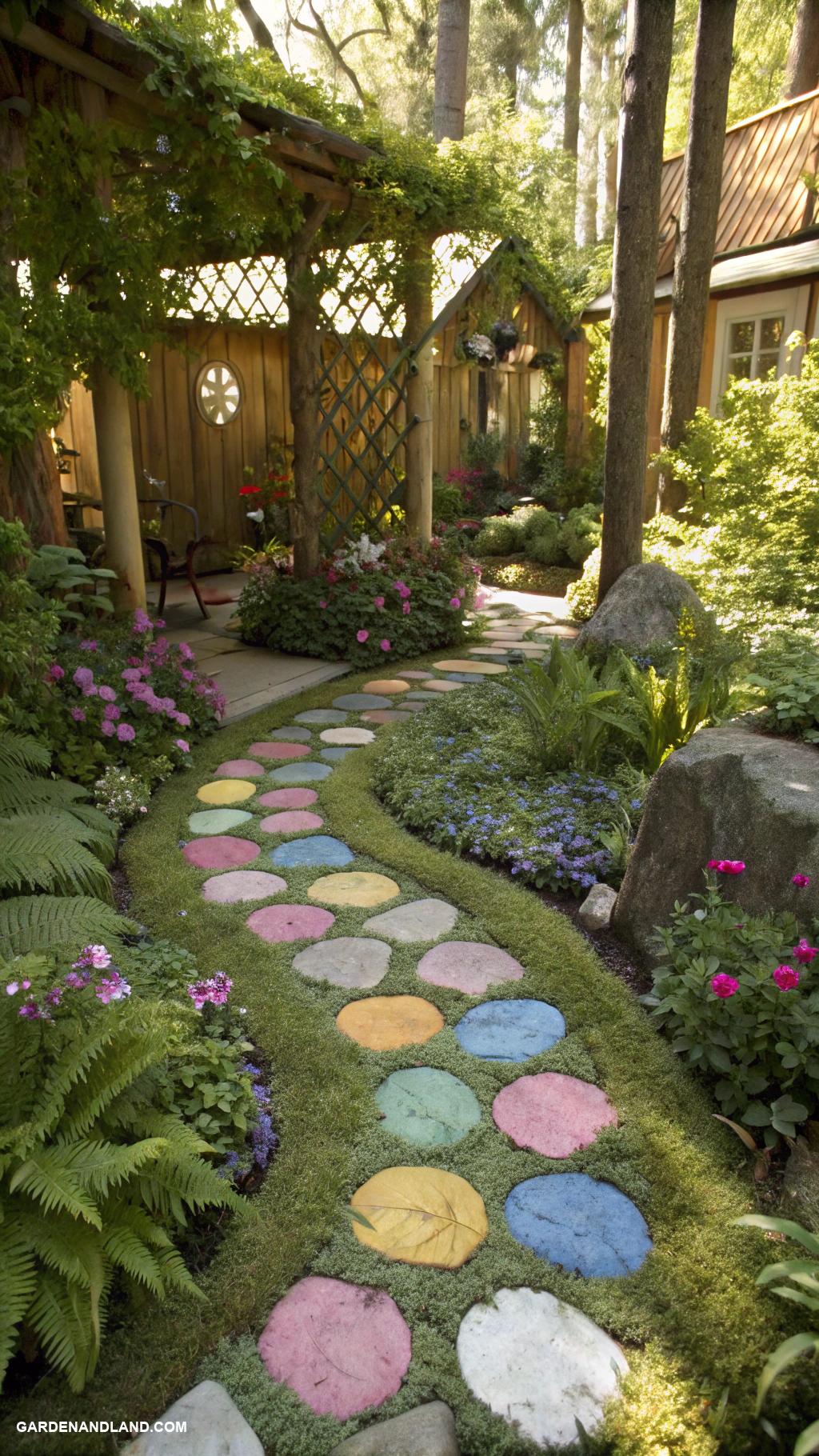 fairy garden ideas Colorful stone pathways winding through plants