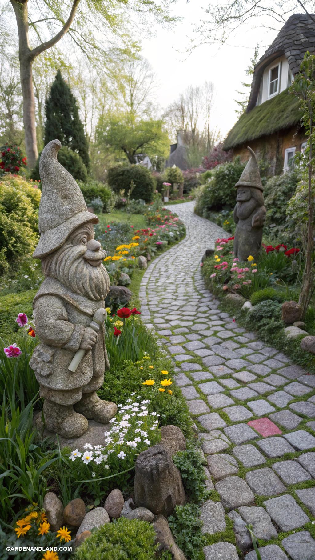 fairy garden ideas Gnome village with whimsical stone sculptures