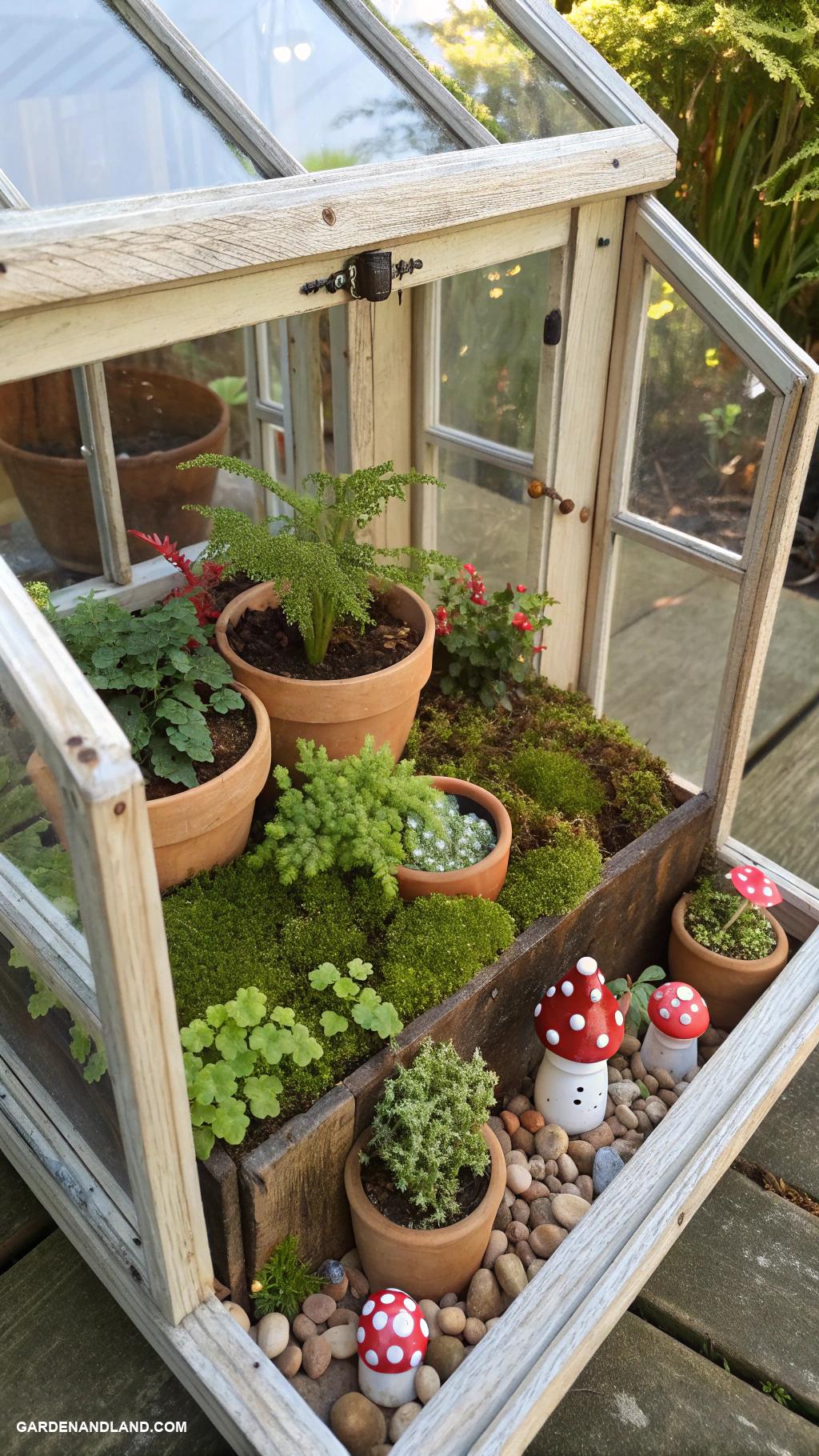 fairy garden ideas Mini greenhouse with tiny potted plants