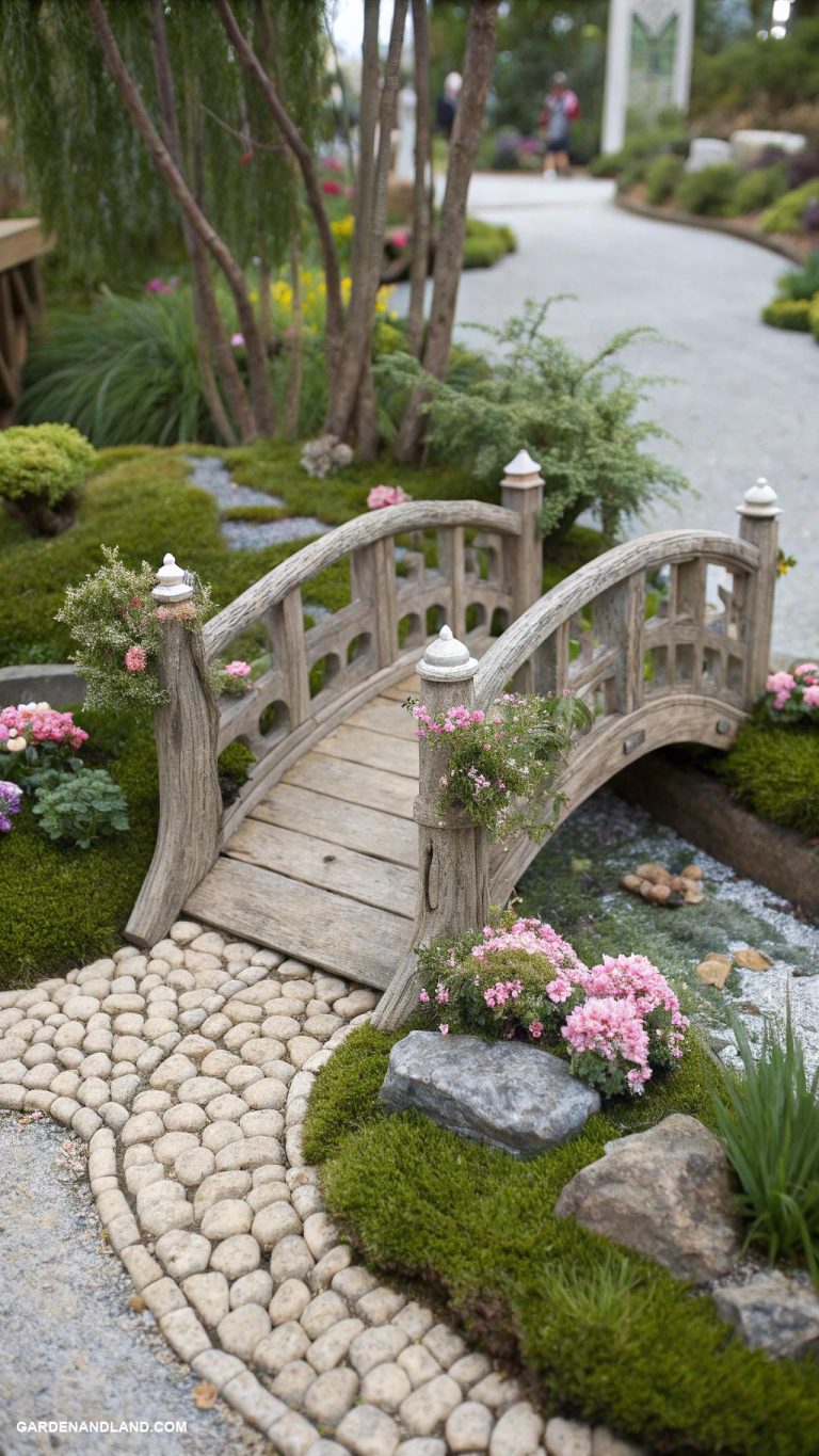 fairy garden ideas Miniature bridges over pebble pathways