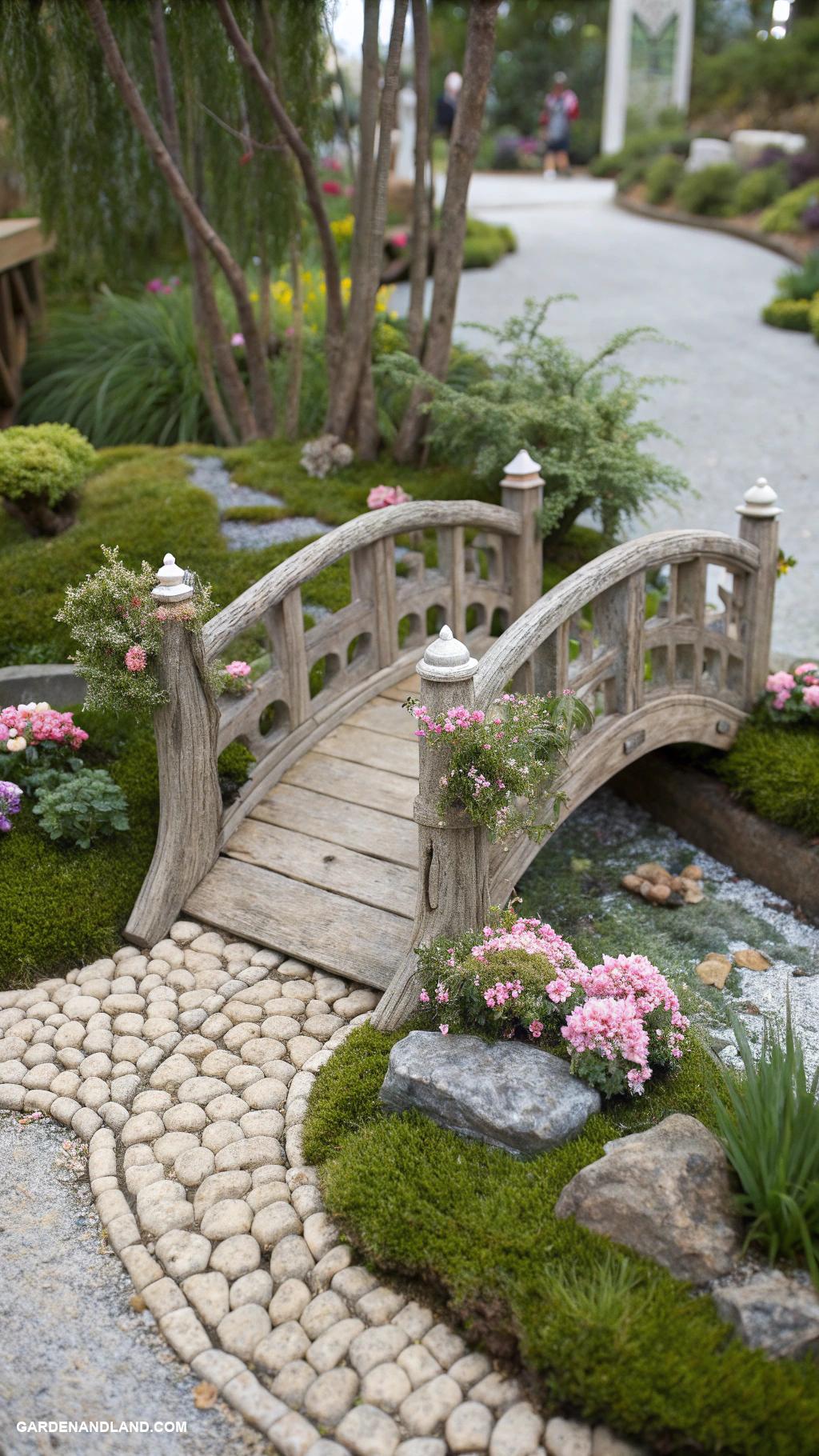 fairy garden ideas Miniature bridges over pebble pathways