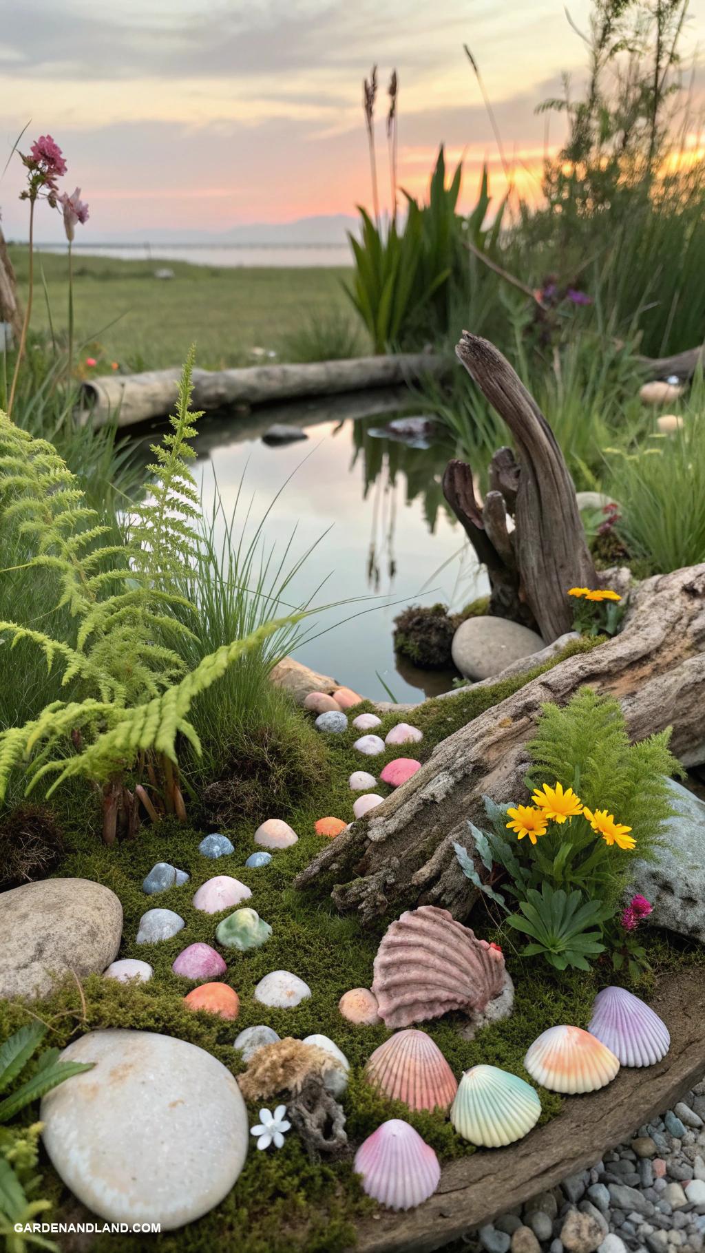 fairy garden ideas Shells and driftwood by a small pond