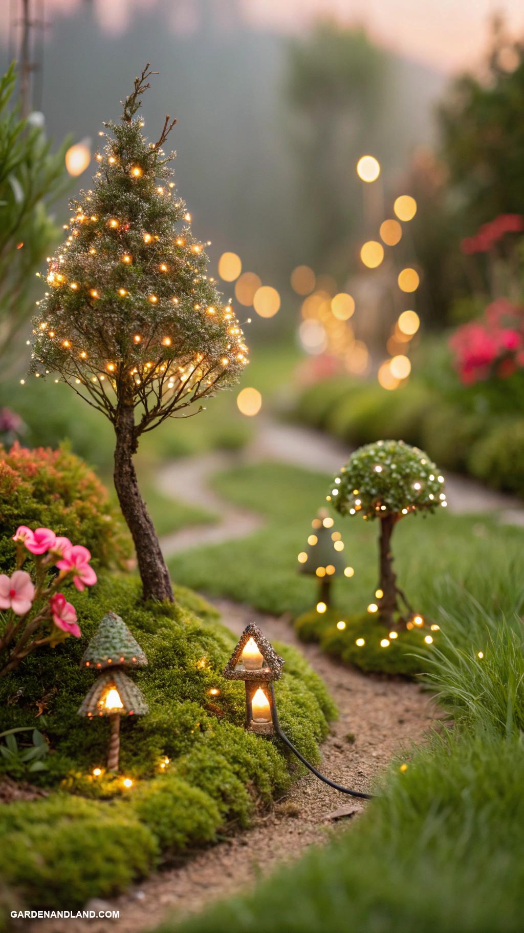 fairy garden ideas Sparkling fairy lights in miniature trees