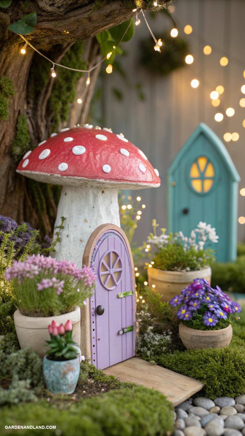 fairy garden ideas Tiny mushroom houses with colorful doorways