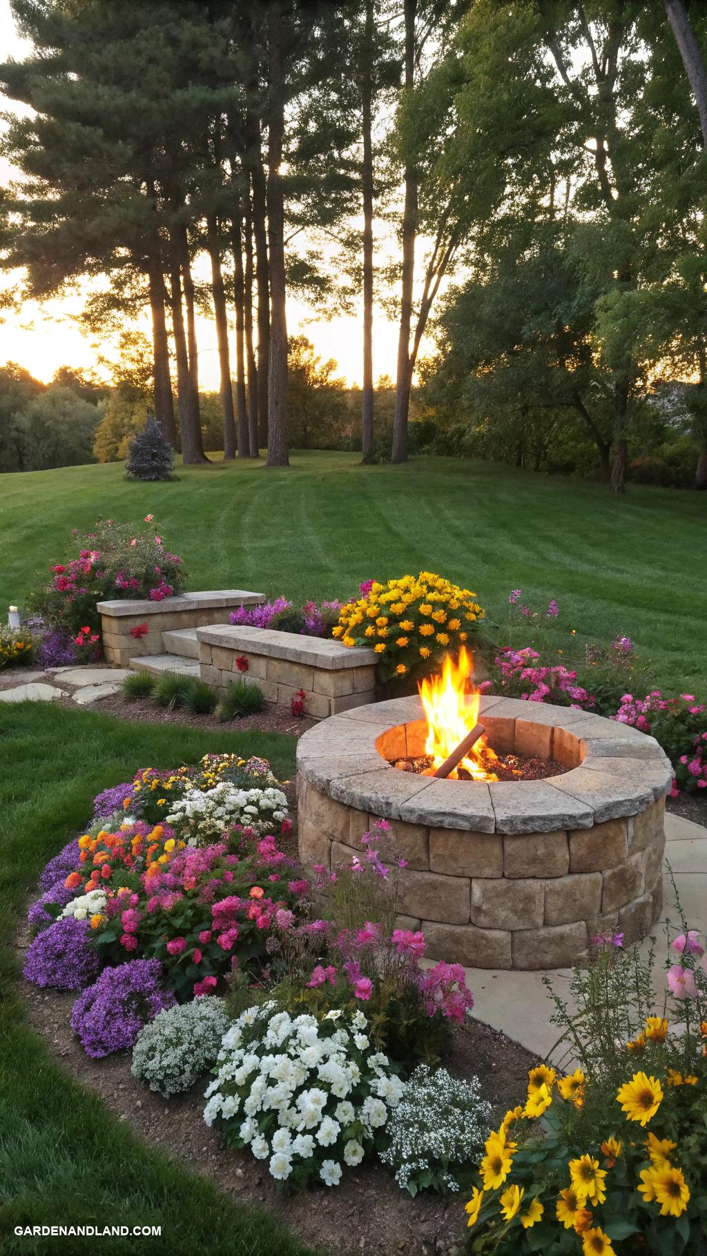 fire pit ideas backyard Fire pit surrounded by colorful flowers
