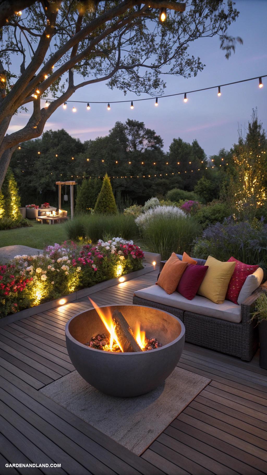 fire pit ideas backyard Modern steel fire bowl on a deck
