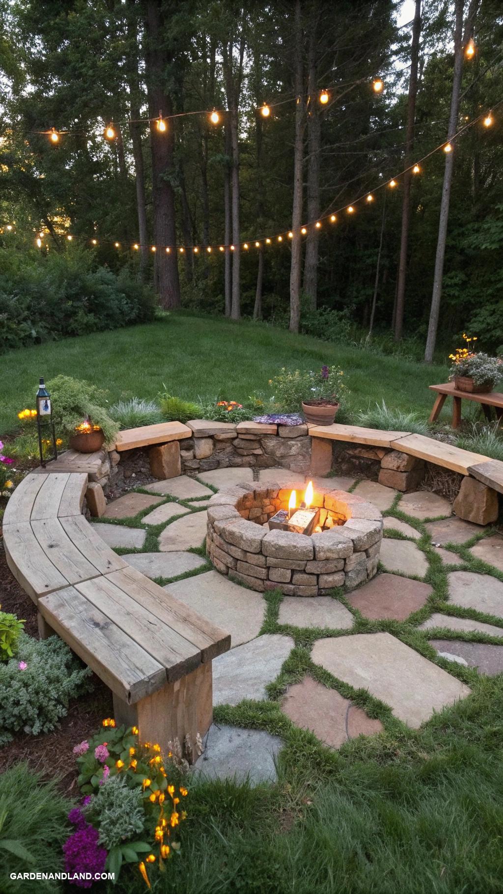 fire pit ideas backyard Stone circle fire pit with rustic benches
