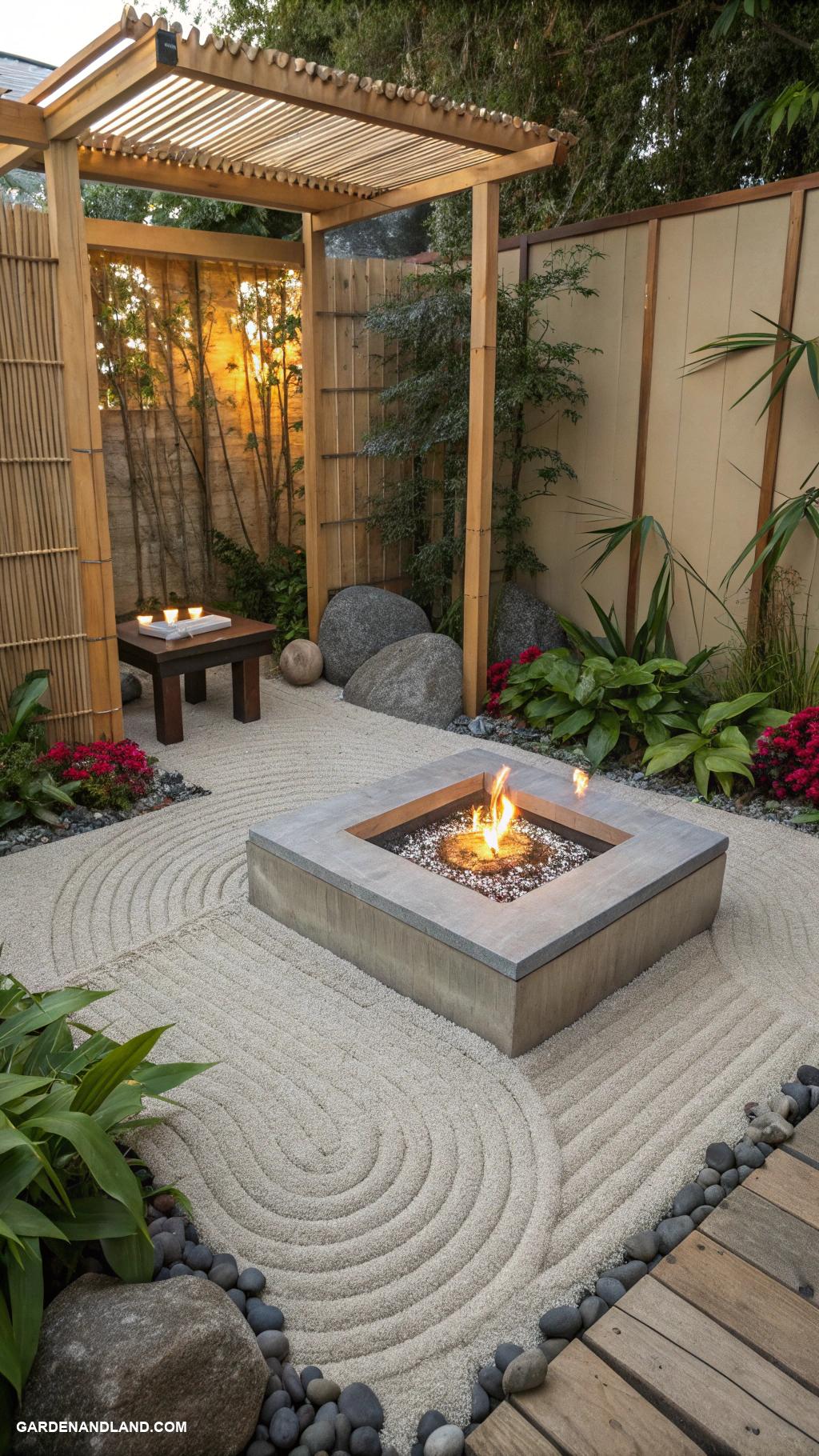 fire pit ideas backyard Zen garden fire pit with bamboo accents