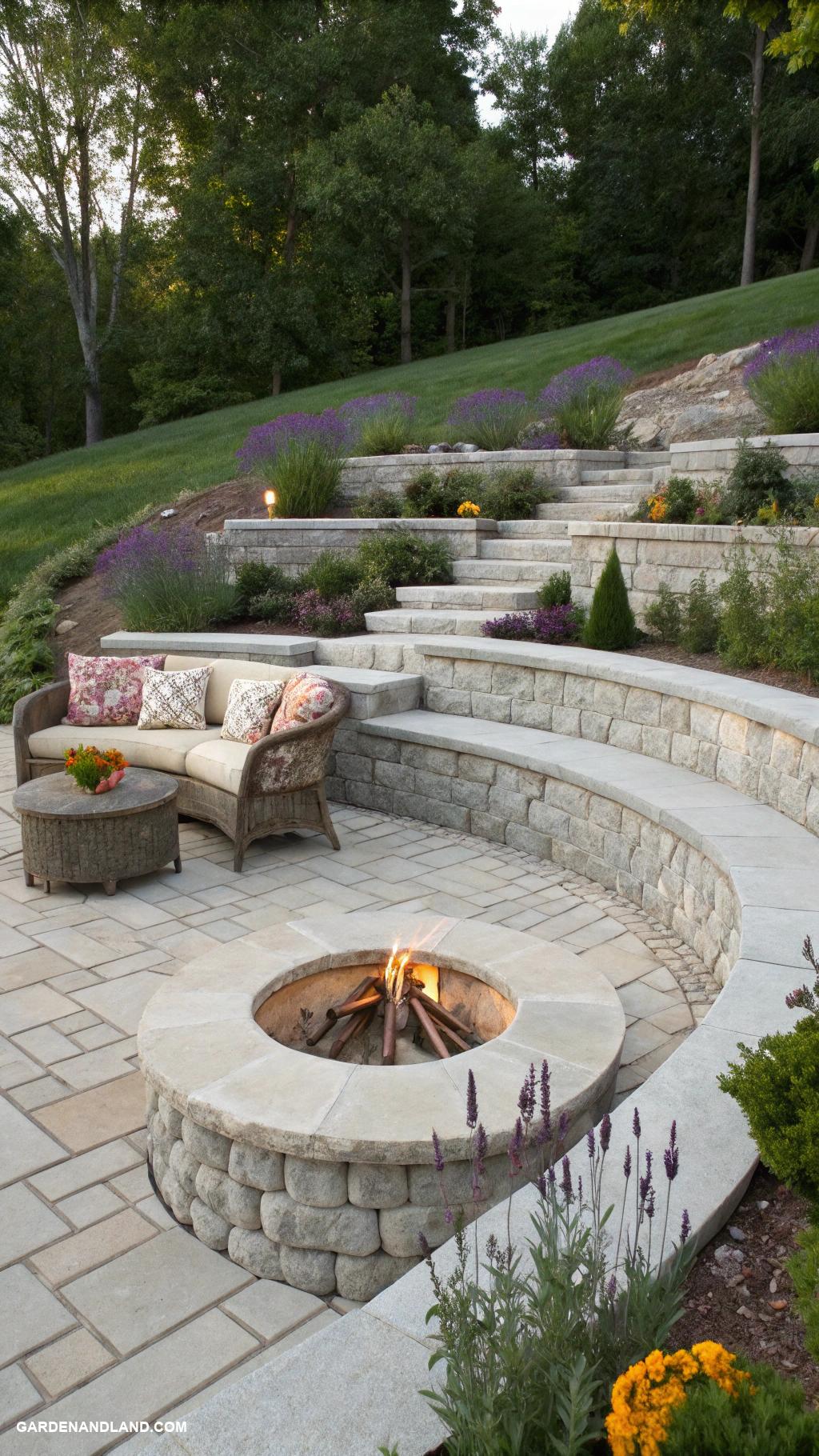 fire pit landscaping Design with tiered stone levels for dynamism