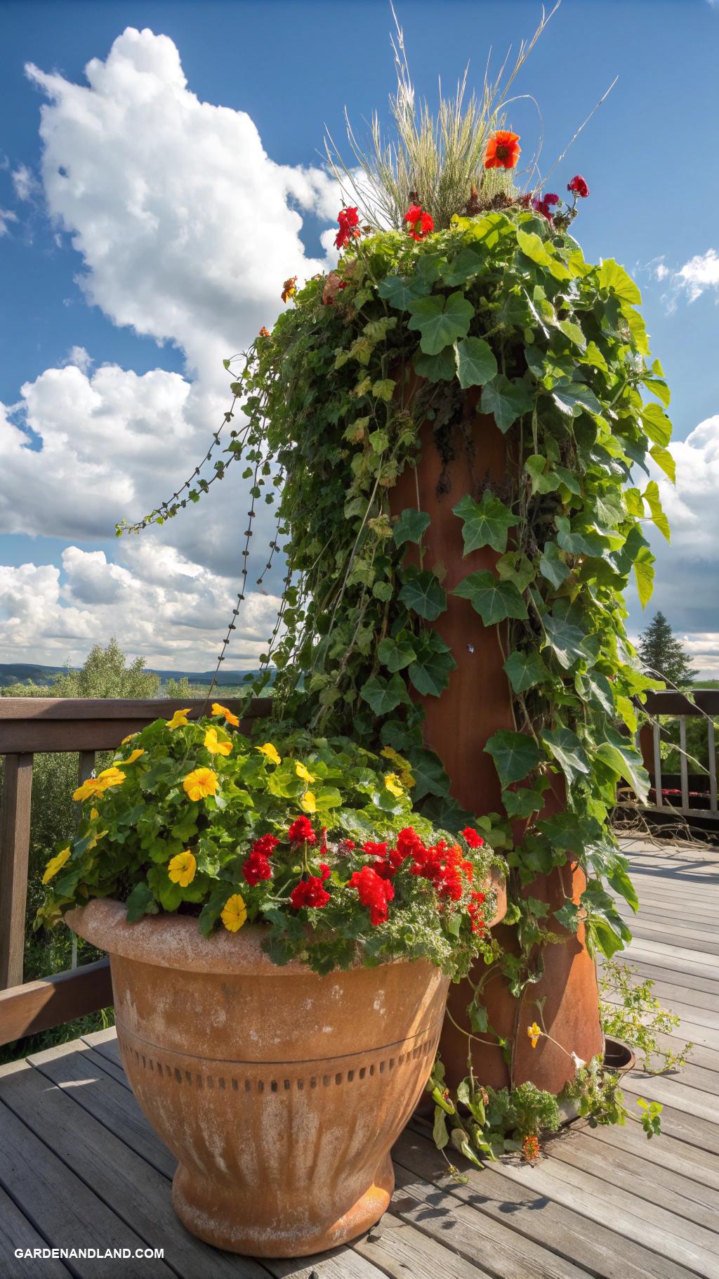 full sun planter ideas Cascading container garden with trailing vines