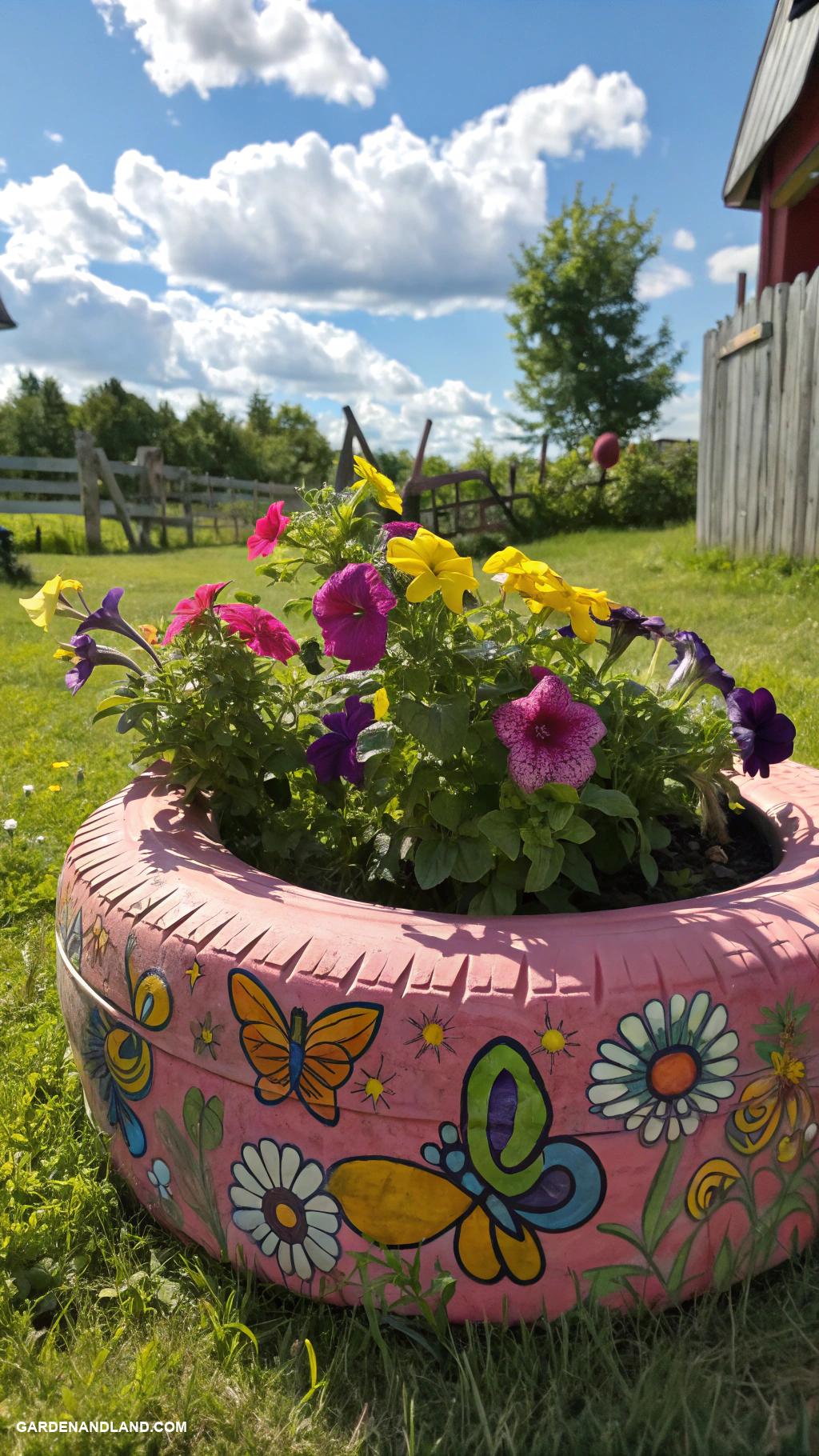 full sun planter ideas Custom painted tire planters for whimsy