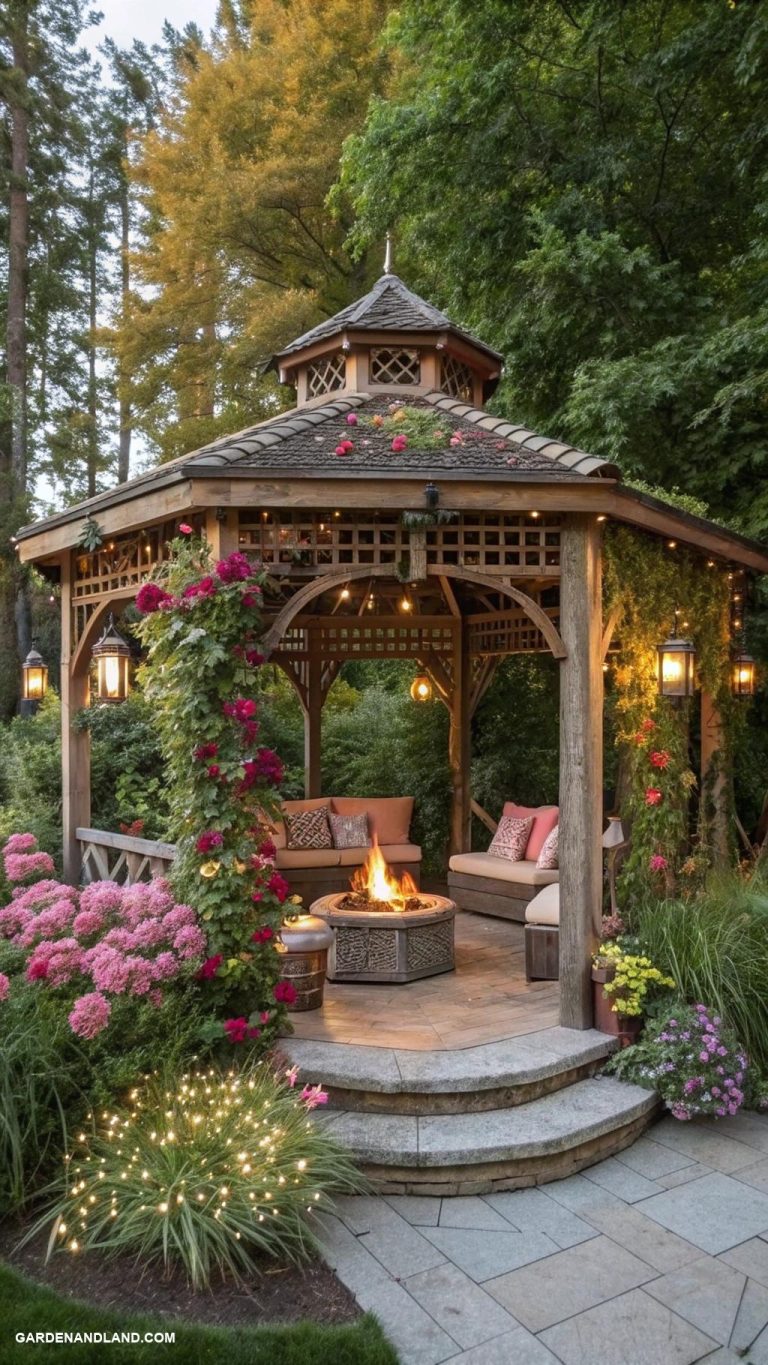 gazebo ideas Open air gazebo with fire pit center