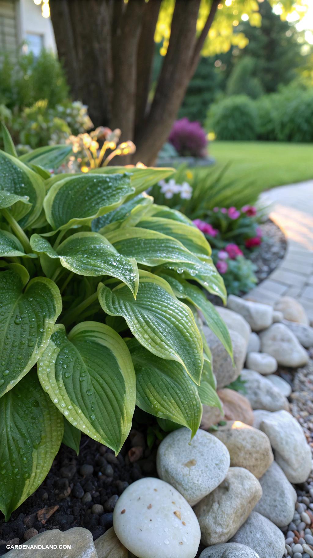 hostas landscaping ideas Hosta paired with ornamental stones for contrast