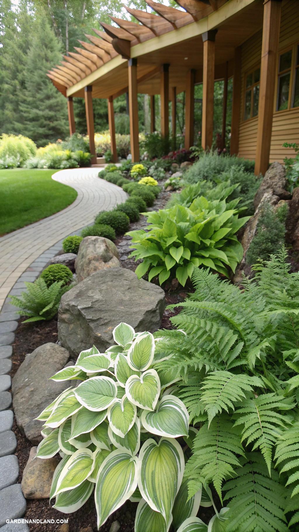 hostas landscaping ideas Mix hostas with ferns for lush greenery
