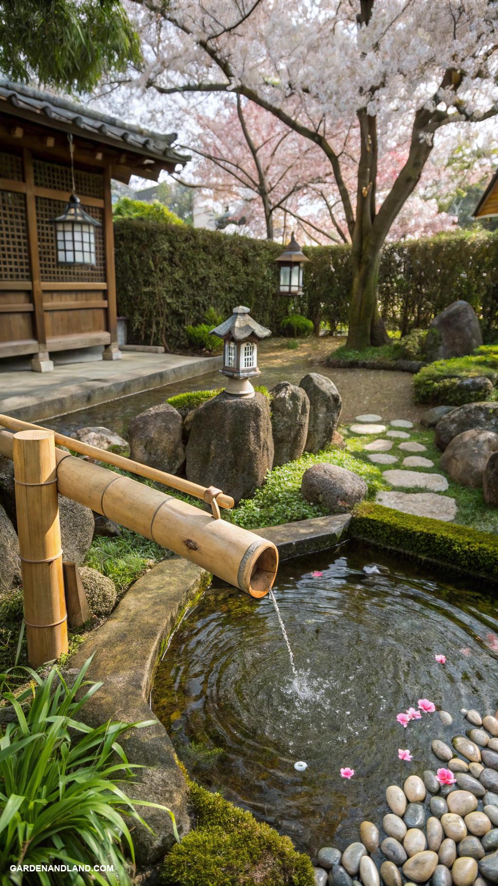 japanese garden ideas Bamboo water fountain with tranquil sounds