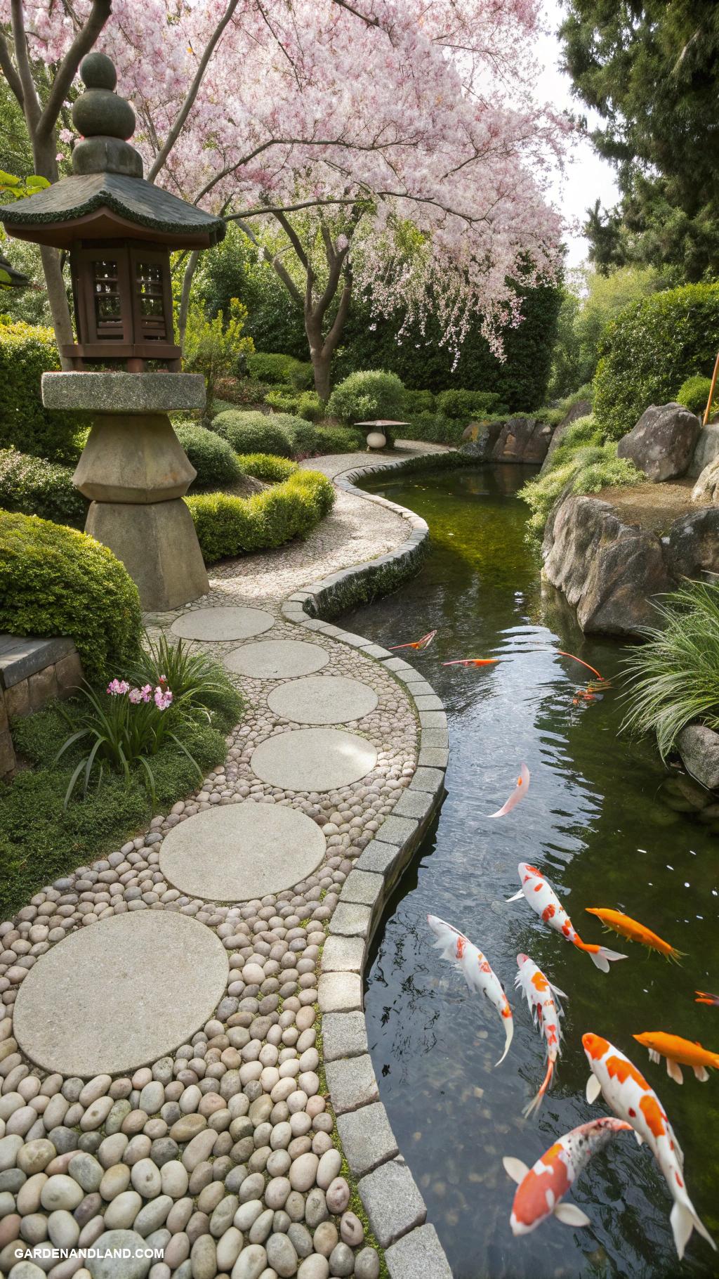 japanese garden ideas Koi pond surrounded by pebbled pathways