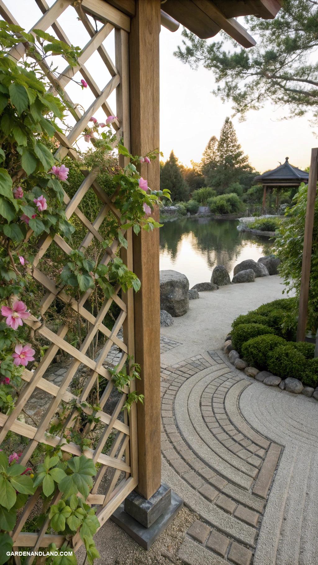 japanese garden ideas Lattice trellis adorned with climbing vines
