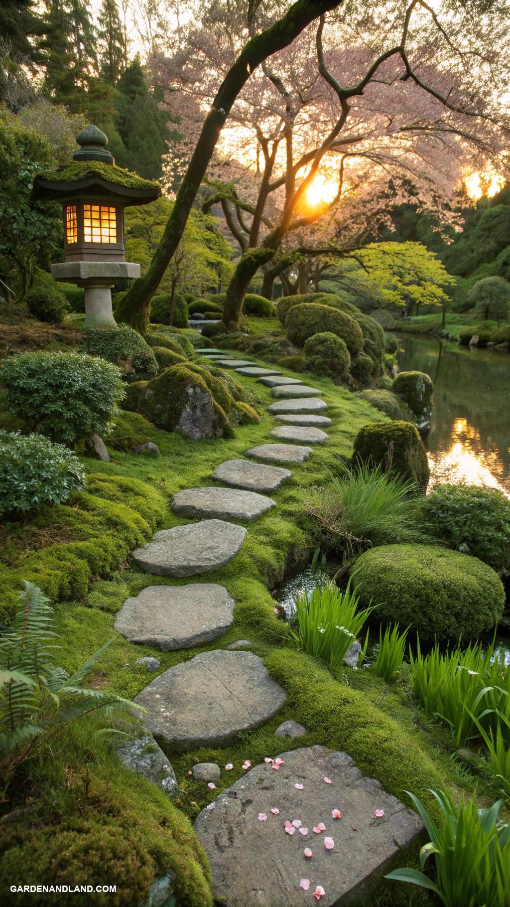 japanese garden ideas Moss covered stepping stones in lush greenery