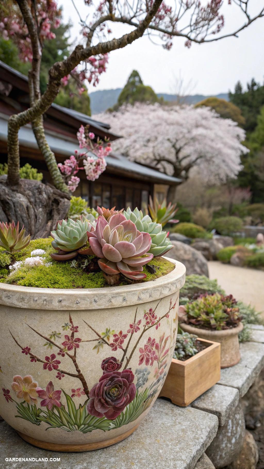 japanese garden ideas Succulent arrangements in traditional pots
