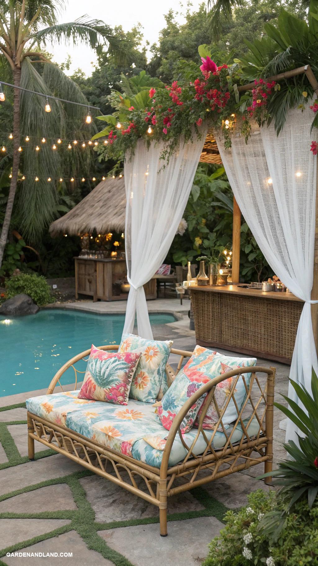 luau pool party ideas Bamboo lounges around the pool area