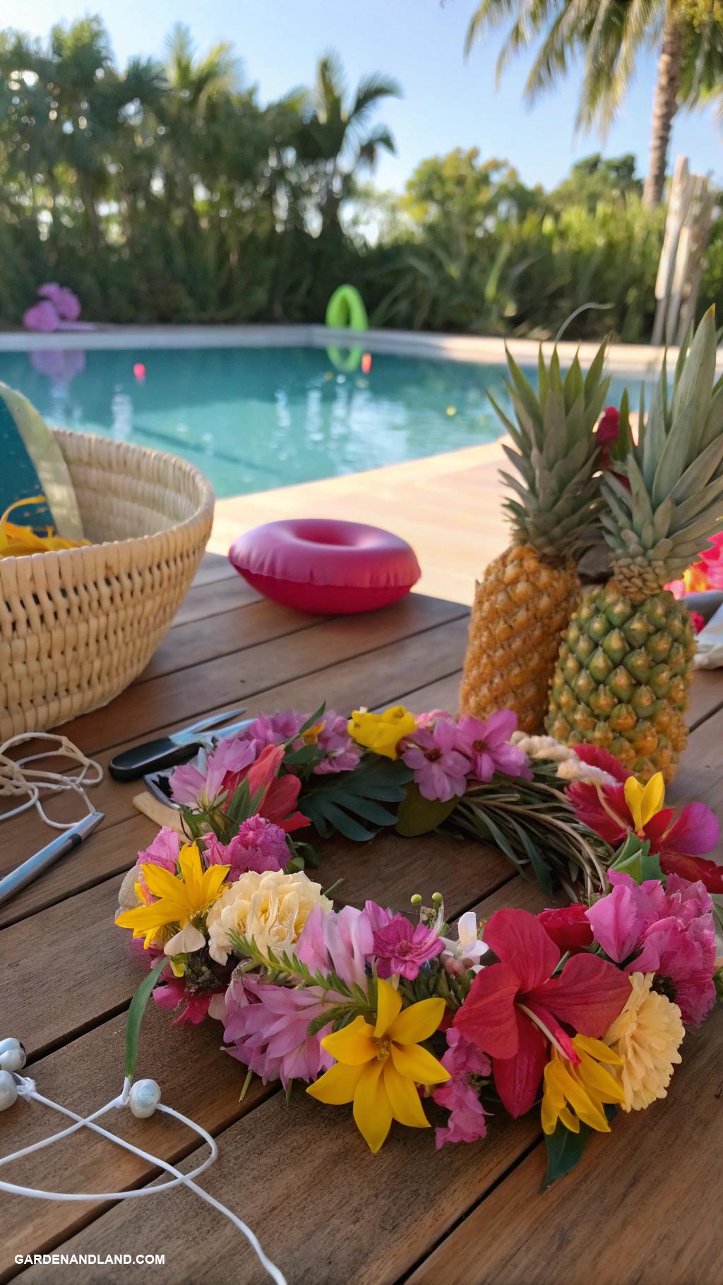 luau pool party ideas DIY flower crowns for guests