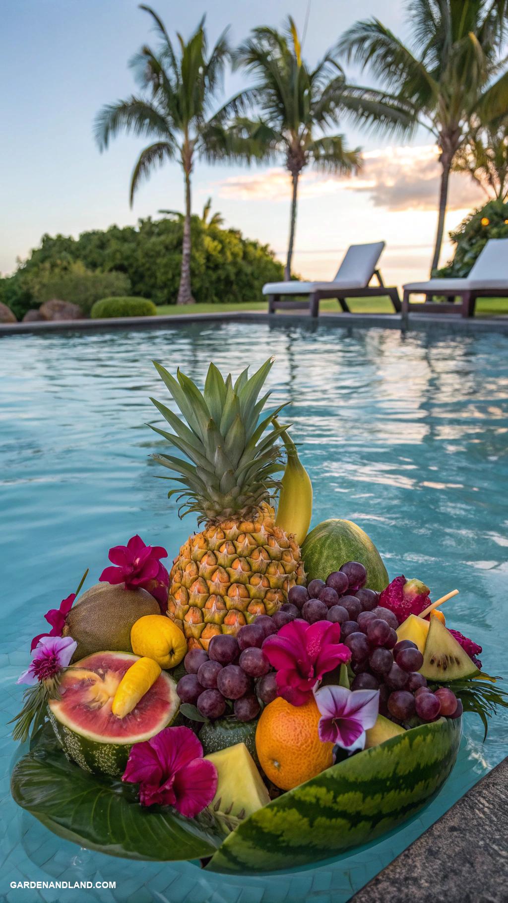 luau pool party ideas Floating fruit arrangements in the pool