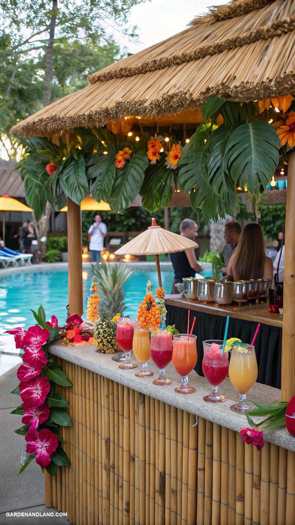 luau pool party ideas Hawaiian themed cocktail bar setup