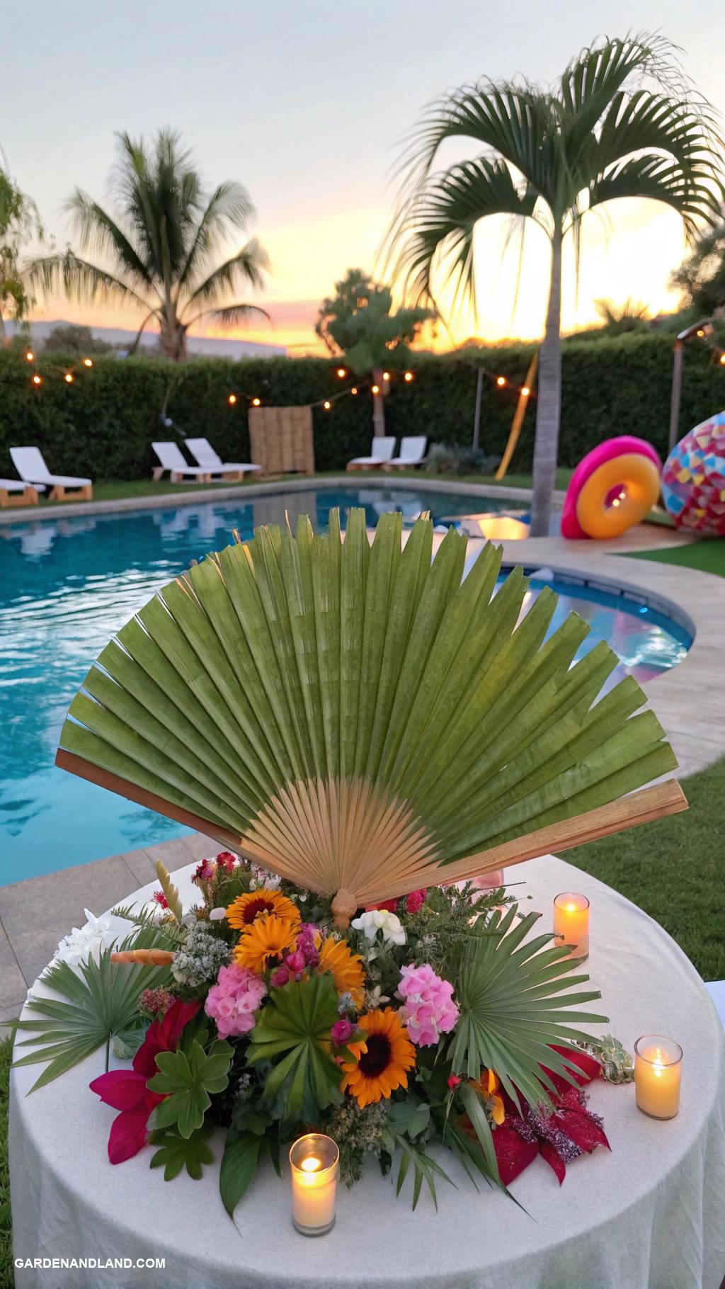 luau pool party ideas Palm leaf fans for guests comfort