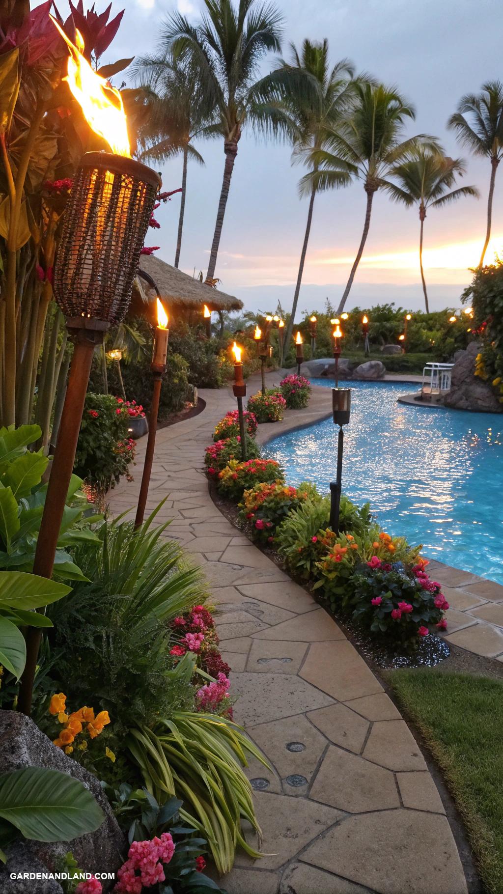 luau pool party ideas Tiki torch pathways to the pool