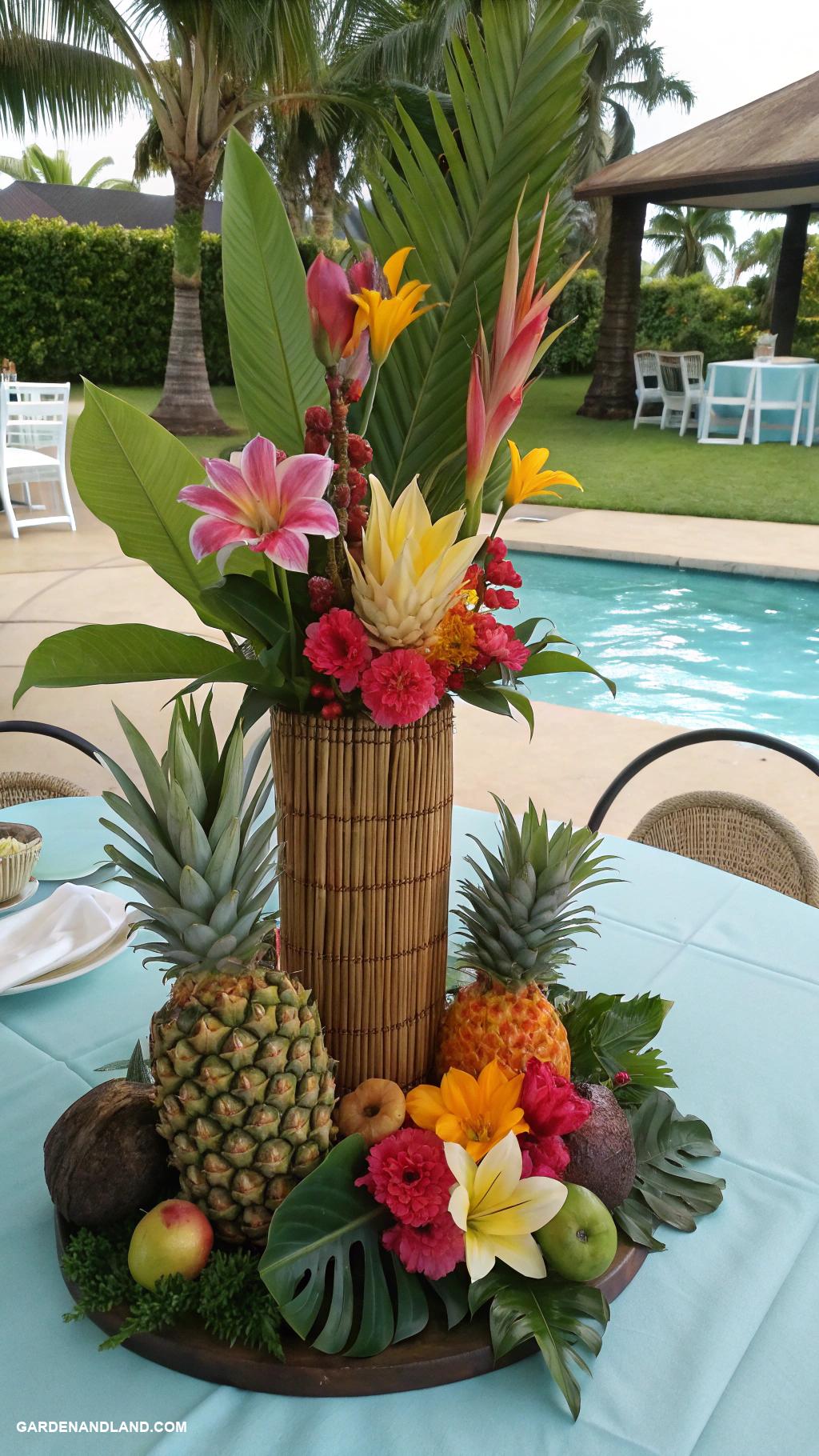 luau pool party ideas Tropical flower centerpieces on tables