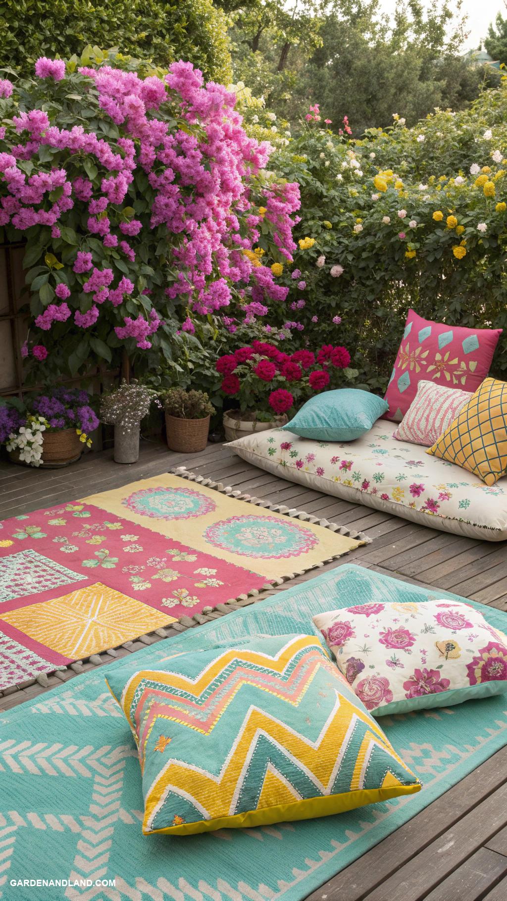 outdoor patio ideas Colorful outdoor rugs and cushions