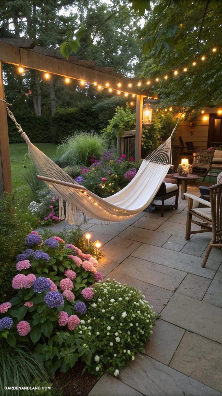 outdoor patio ideas Hammock lounge with fairy lights overhead