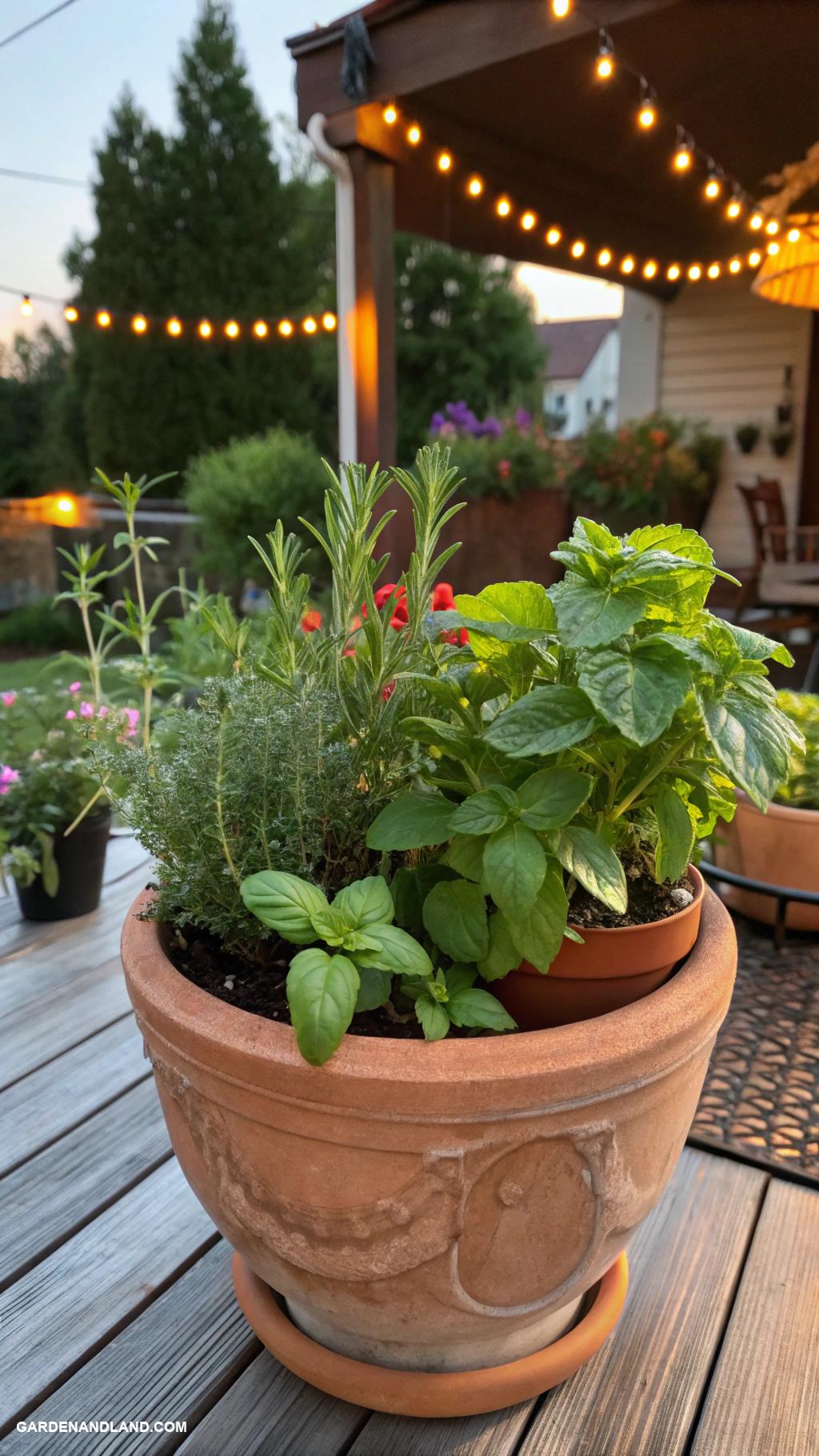 outdoor patio ideas Terracotta pots with aromatic herbs
