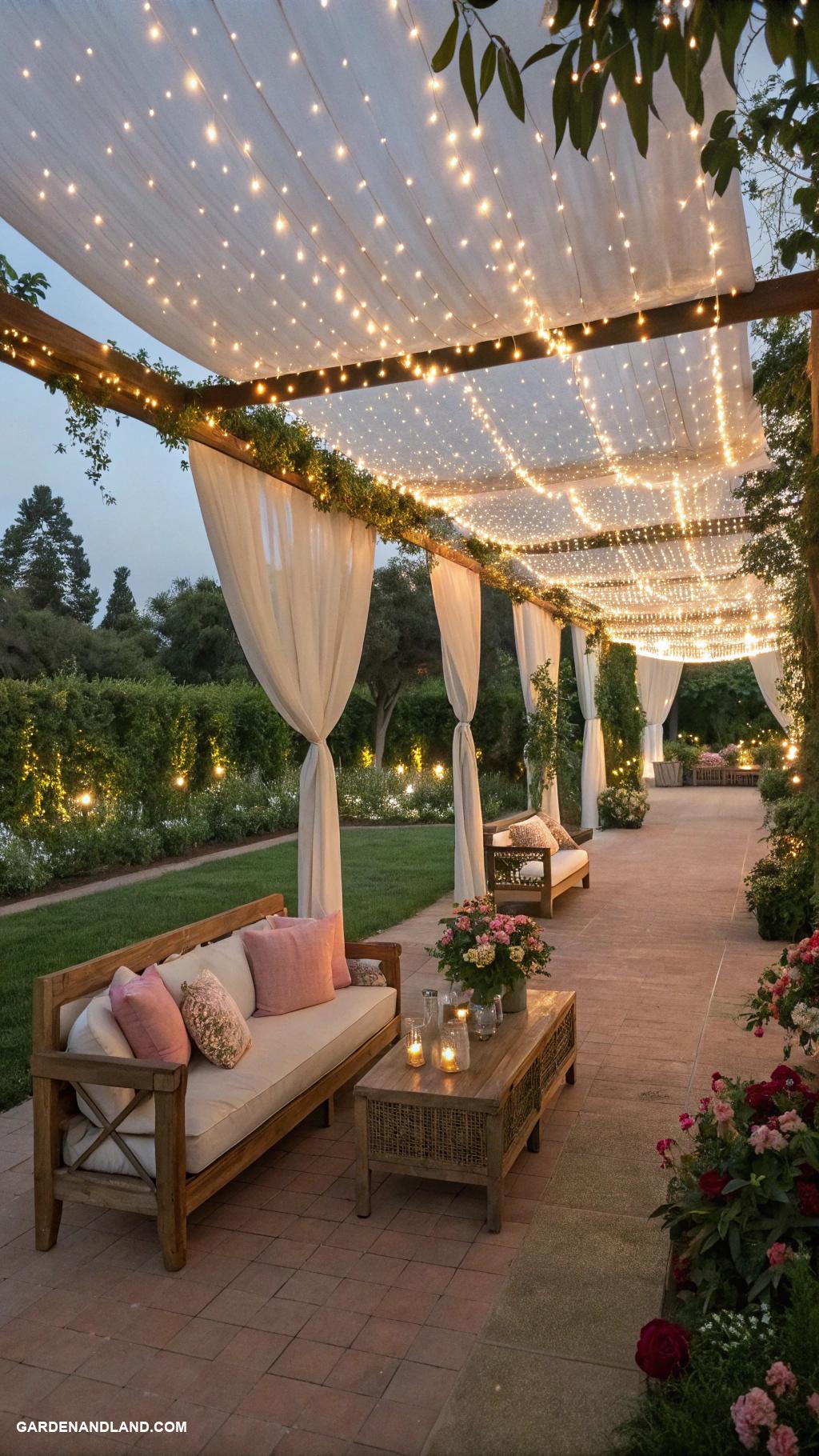 outdoor patio ideas Twinkle light canopy for romantic evenings