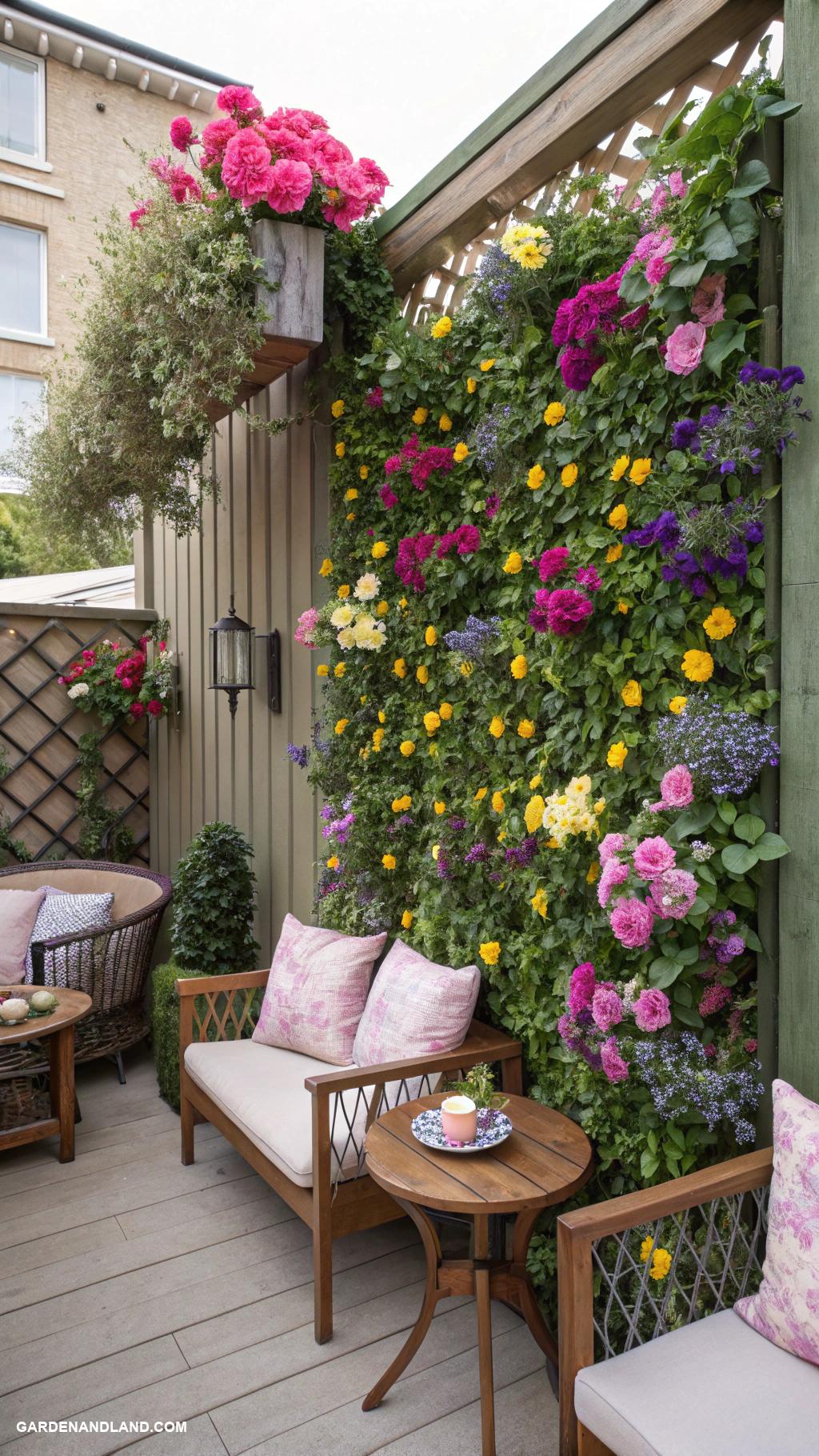 outdoor patio ideas Vertical garden wall with vibrant flowers