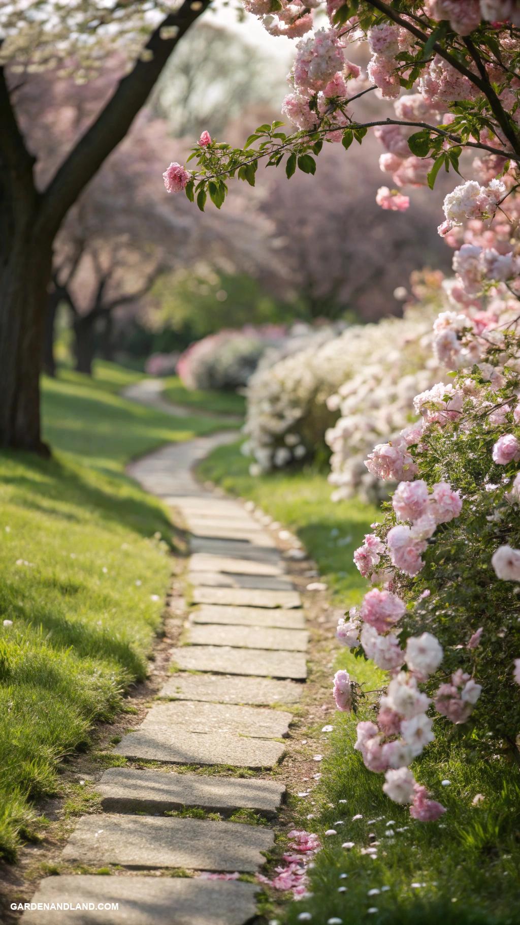 pink garden aesthetic Pastel pink flower borders along pathways