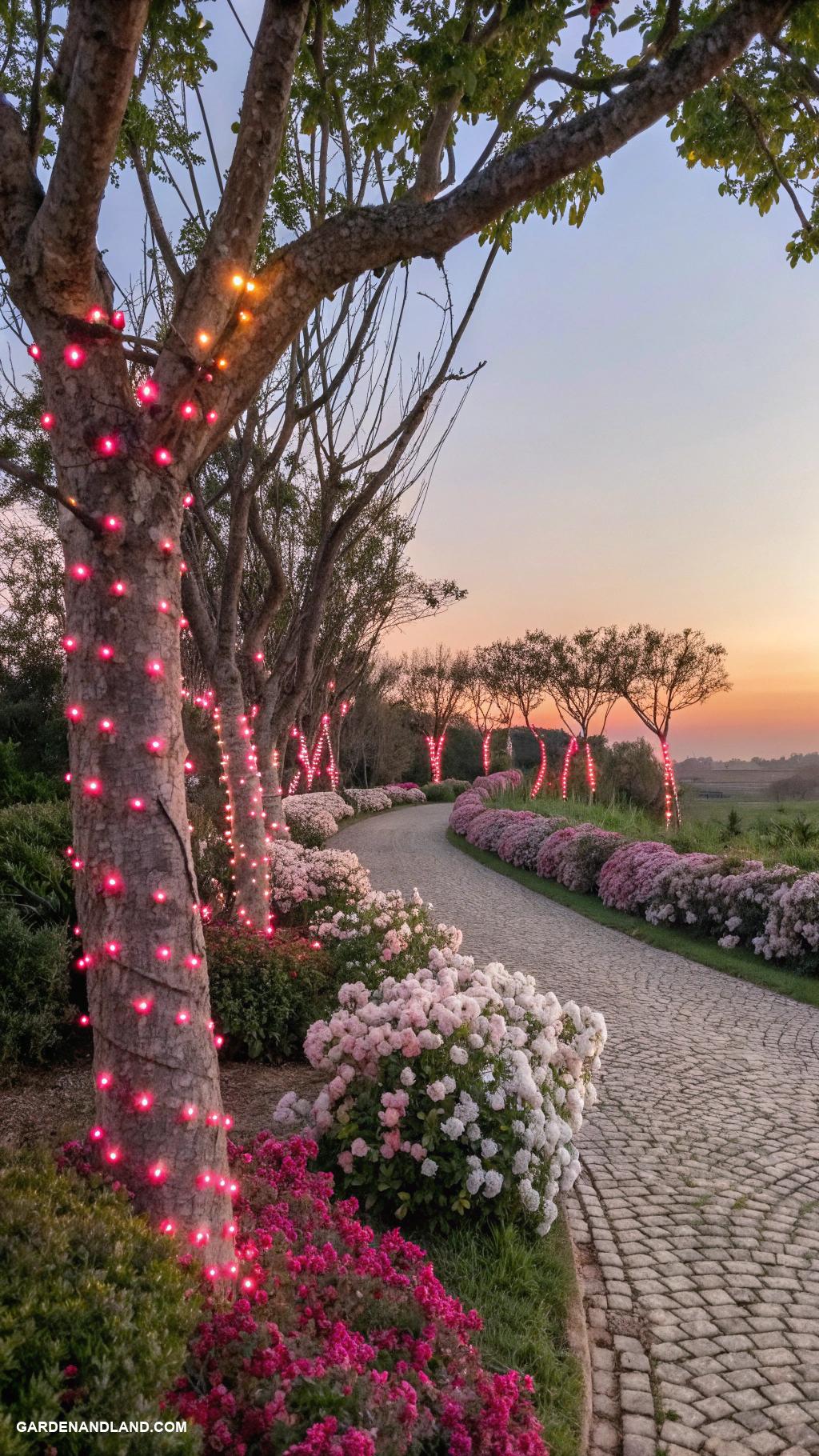 pink garden aesthetic Pink fairy lights wrapped around trees
