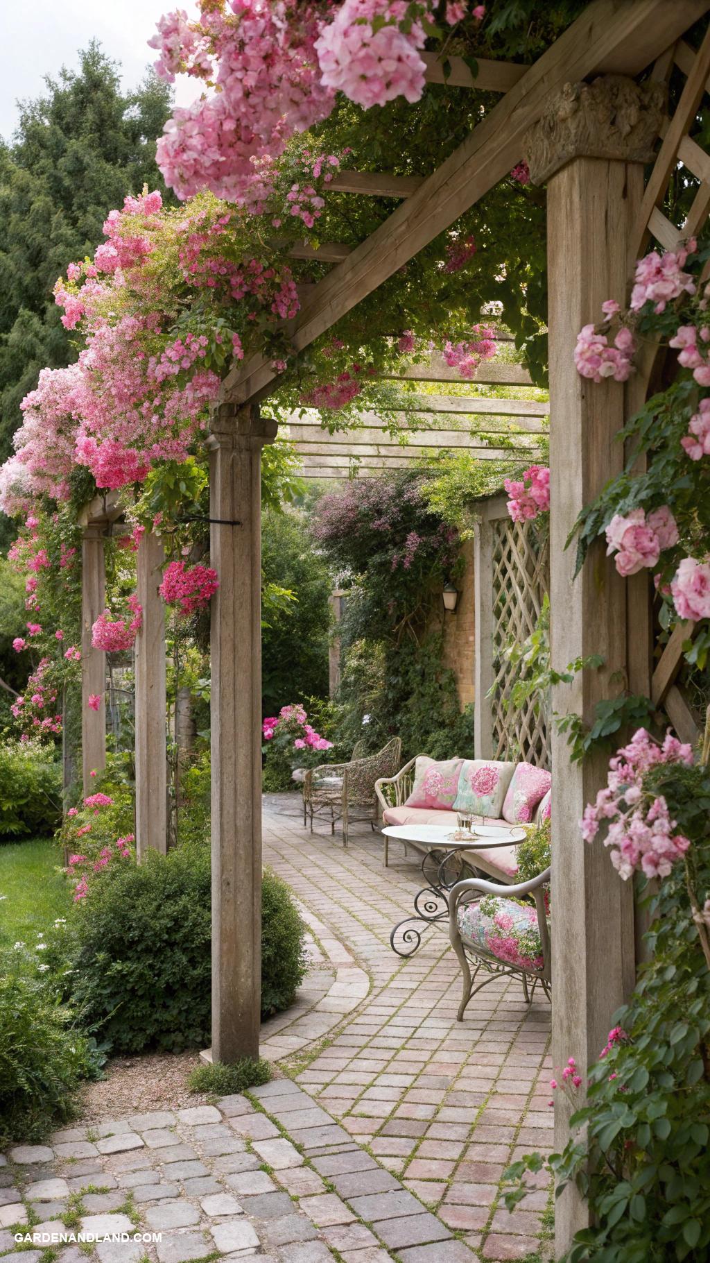 pink garden aesthetic Pink flowering vines on trellises