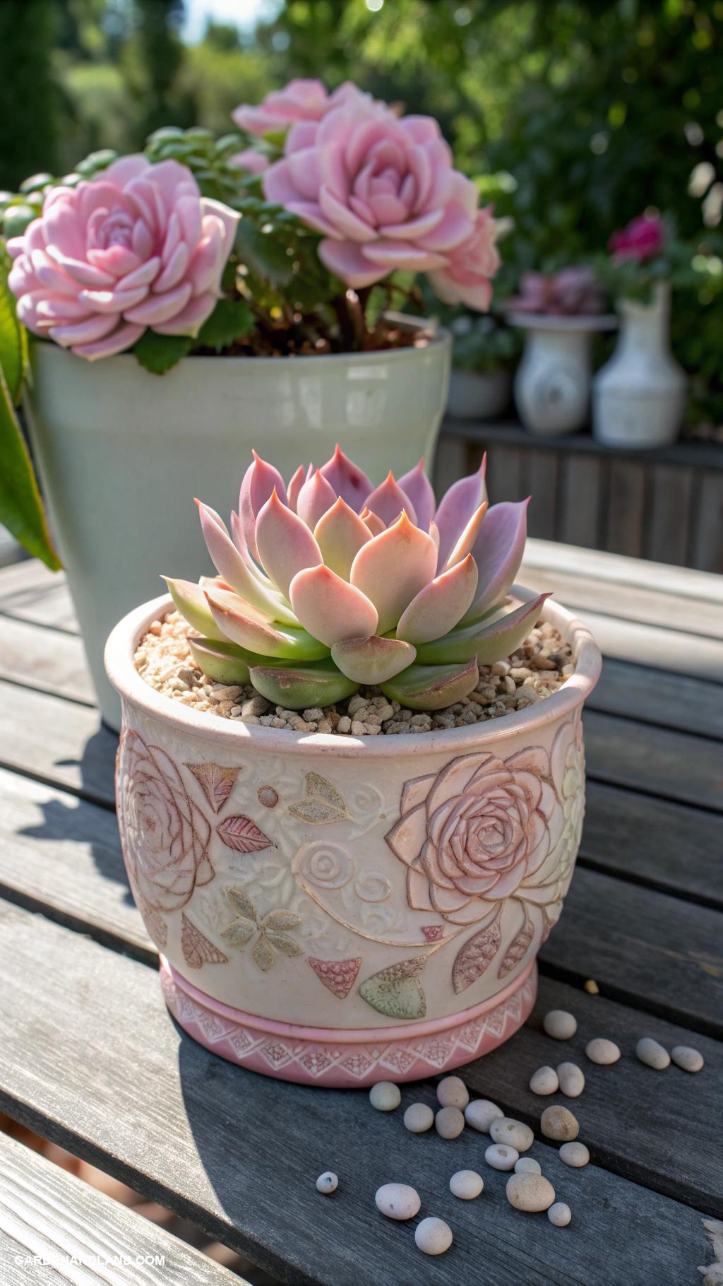 pink garden aesthetic Pink succulent arrangements in decorative pots