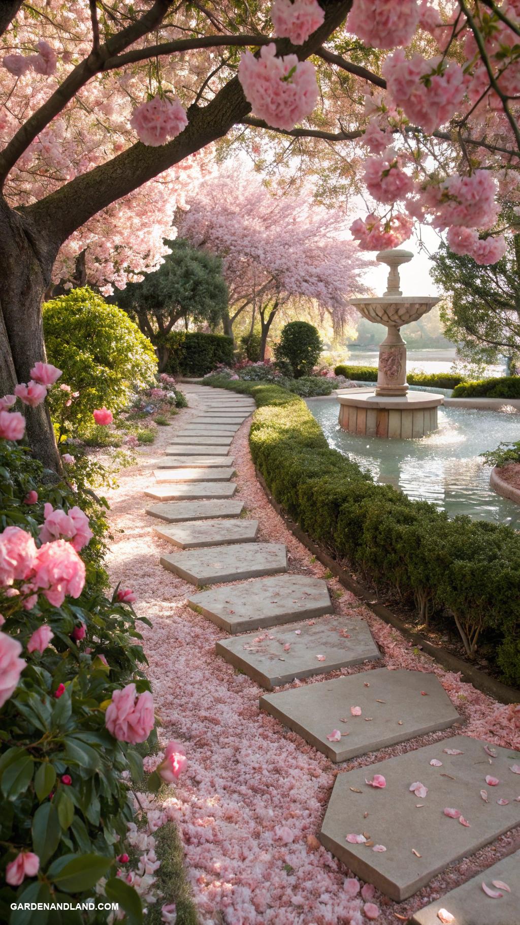 pink garden aesthetic Rose quartz stone pathways for tranquility