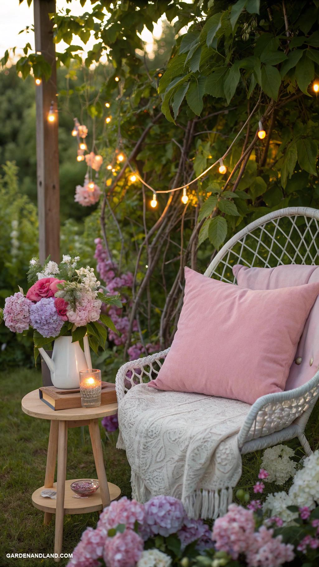 pink garden aesthetic Soft pink cushions on outdoor seating