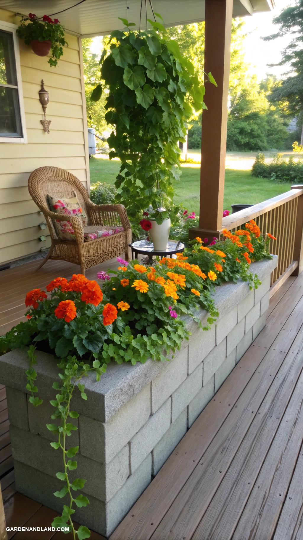 porch planter ideas Cinder block flower bed with trailing vines