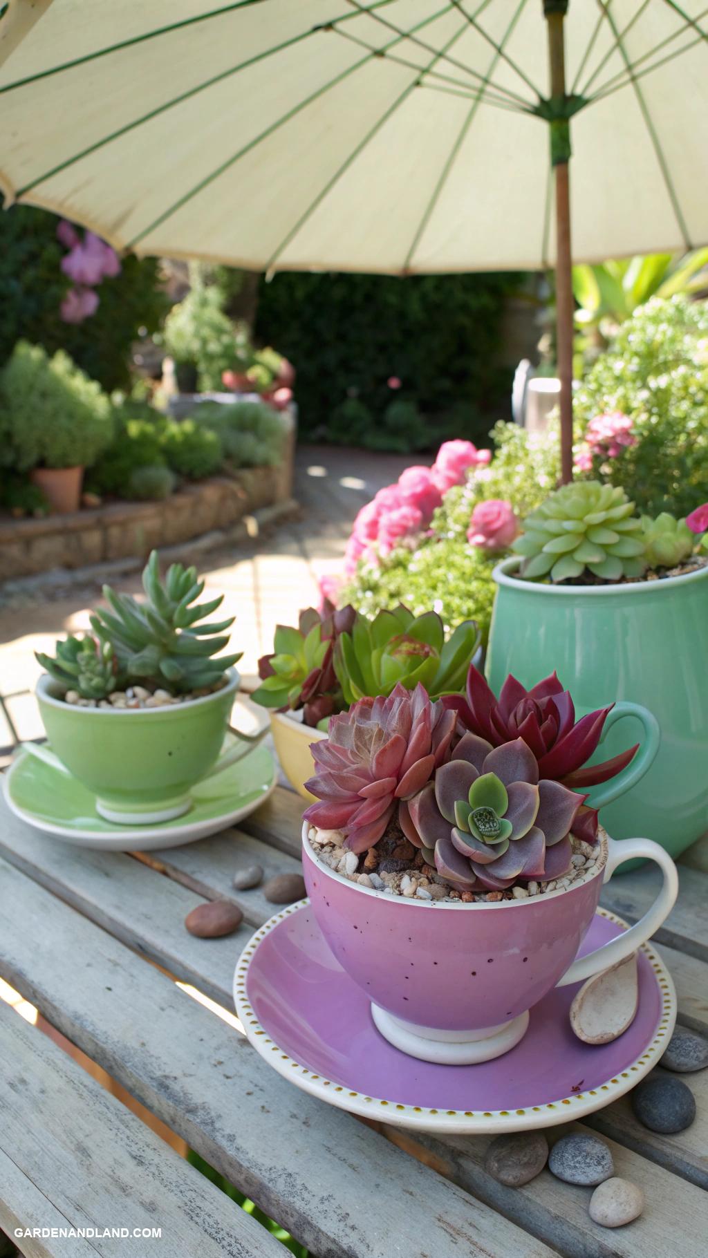 porch planter ideas Colorful teacups with vibrant succulents