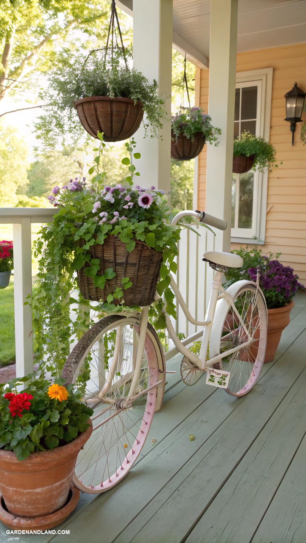porch planter ideas Decorative bicycle planter with cascading plants
