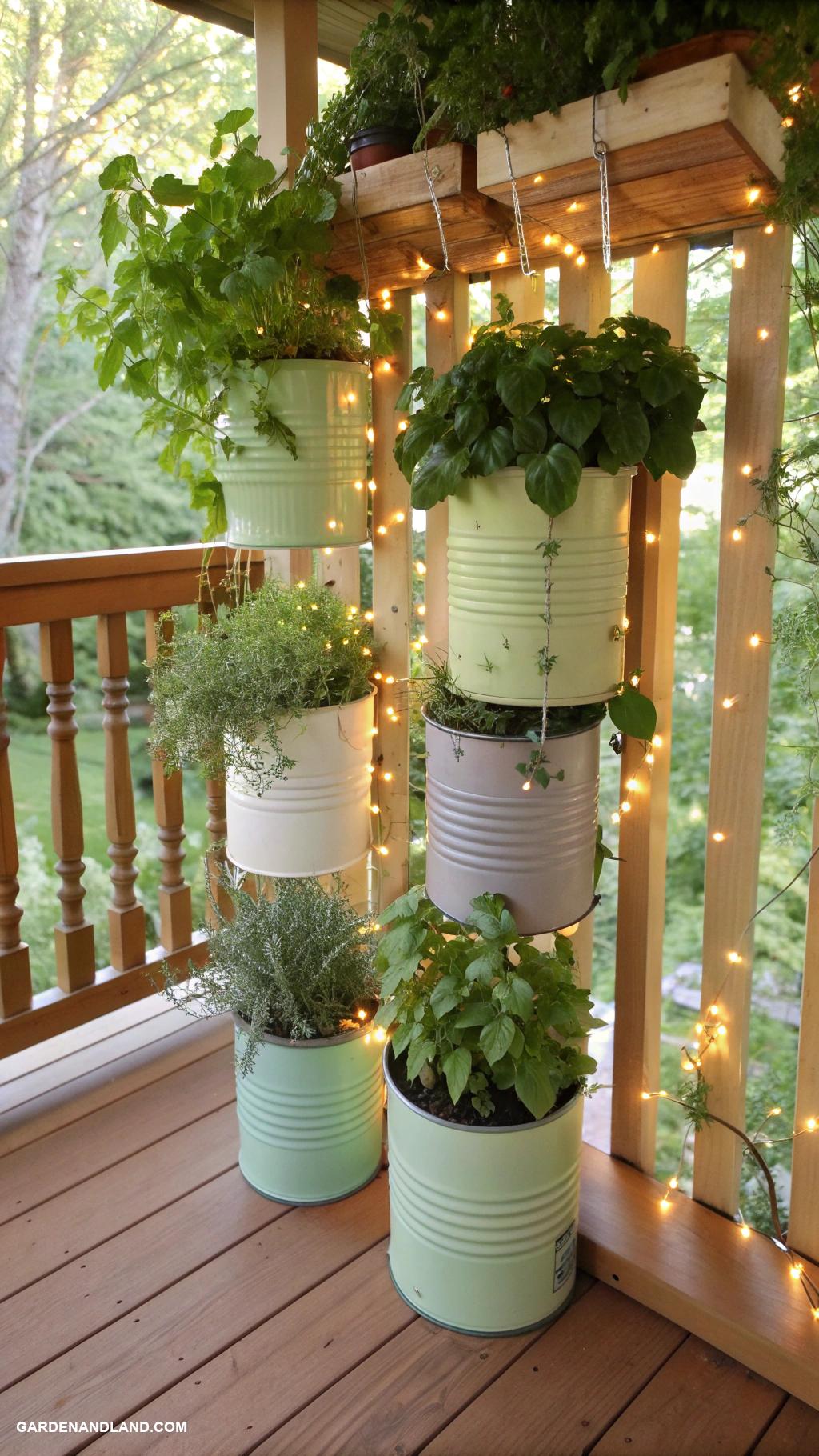 porch planter ideas Hanging herb garden with repurposed cans