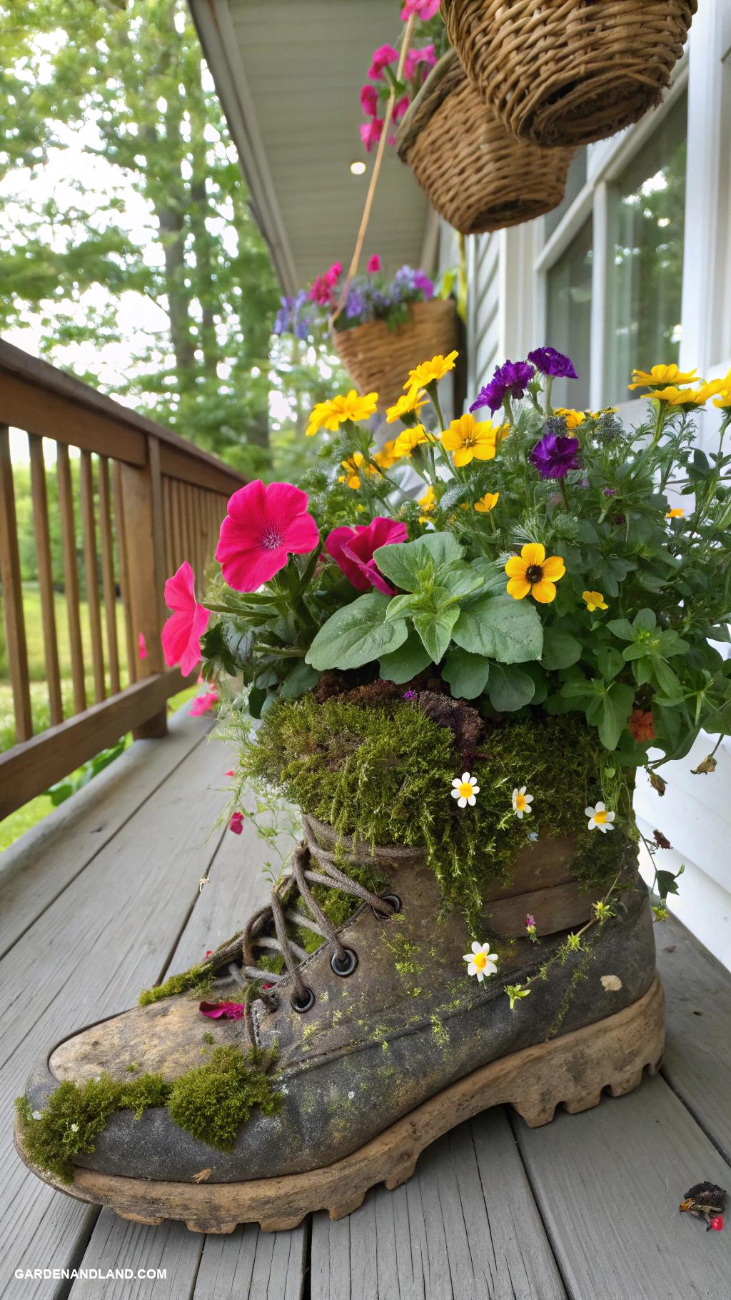 porch planter ideas Old shoe planters with playful flowers