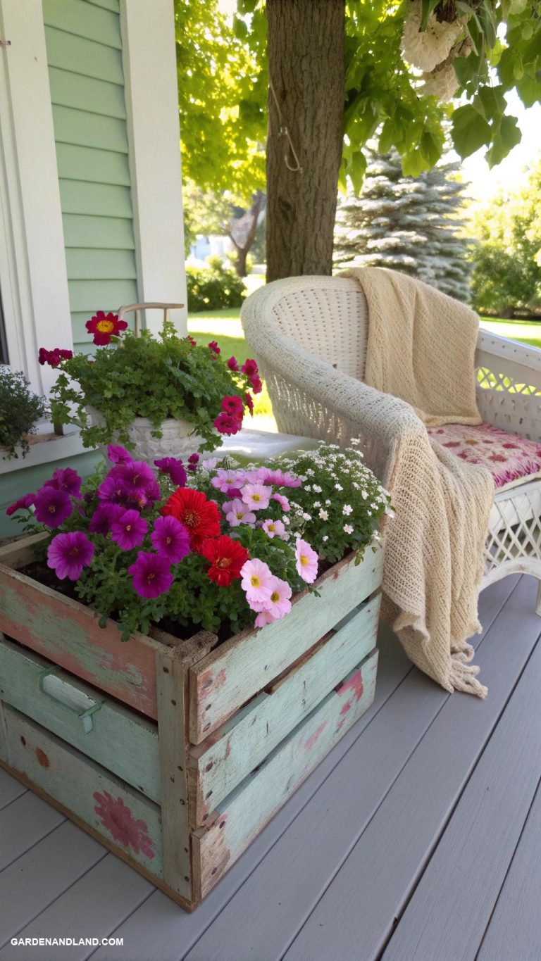 porch planter ideas Painted fruit crates filled with blooms